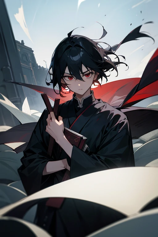 Beautiful boy、male、pretty、Calmness and tension、A face that feels young、Adult atmosphere、Plain black yukata、rough、Expressionless、Black Hair、Short Hair、Long side hair、Red Eyes、Dark as a dark night、Lonely、Void、Nostalgia、Murderous intent、Shura Road、Dangerous aroma、As it is、Going with the Wind、tinder、holding a novel book
