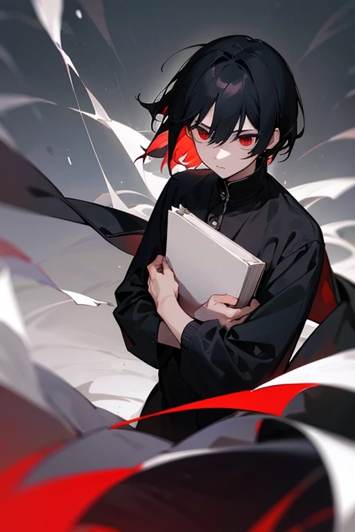 Beautiful boy、male、pretty、Calmness and tension、A face that feels young、Adult atmosphere、Plain black yukata、rough、Expressionless、Black Hair、Short Hair、Long side hair、Red Eyes、Dark as a dark night、Lonely、Void、Nostalgia、Murderous intent、Shura Road、Dangerous aroma、As it is、Going with the Wind、tinder、holding a novel book