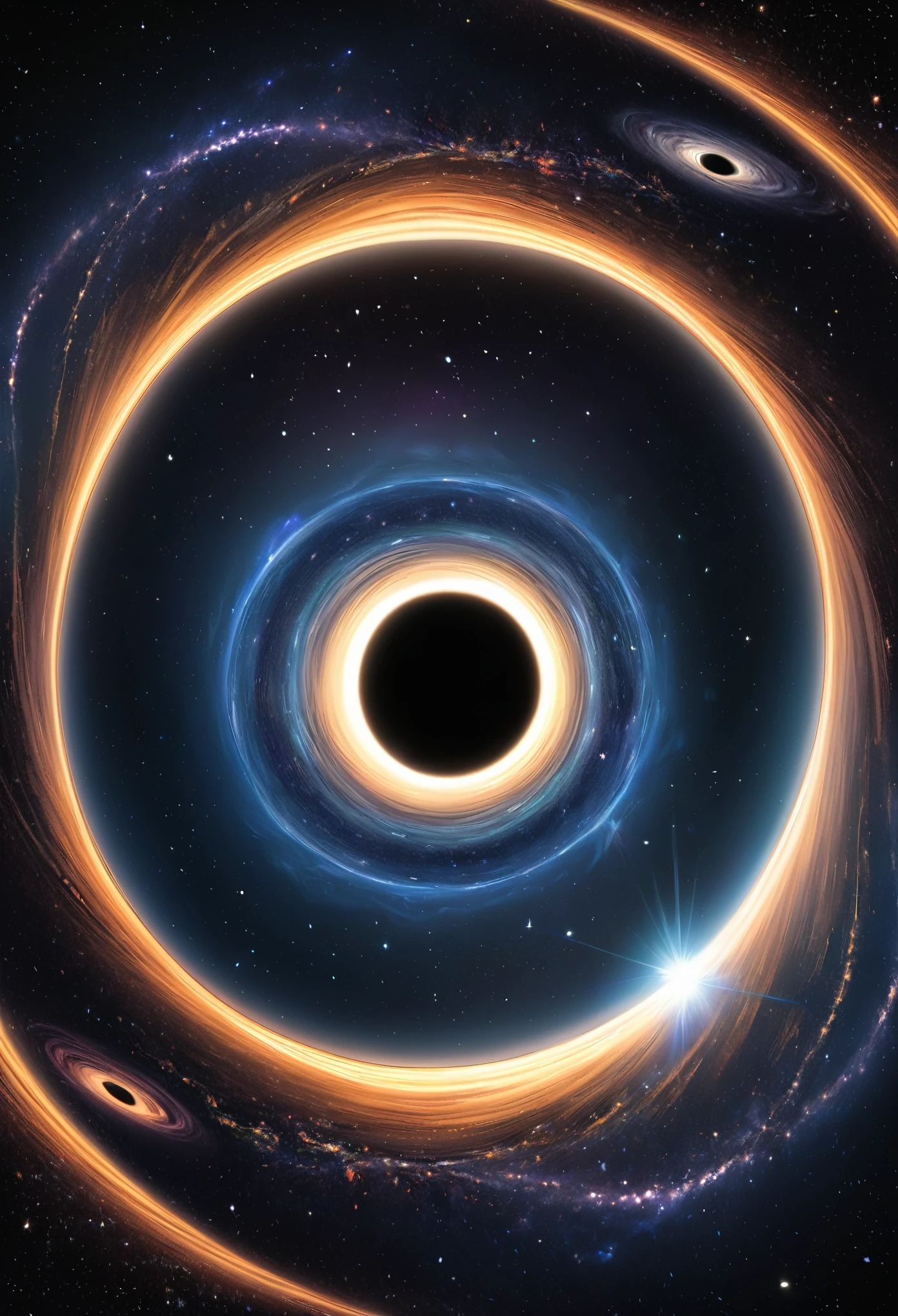((realistic simulation of a black hole))Parallel universe that stretches infinitely forward and infinitely backward, expansive singularity, infinity towards the past and infinite towards the future, curved space time, orisonte of events, moment of time, cyclical universe ,r=0,r=2m,r=4m,r infinity,future proccimus,black hole,white hole,inverse image,