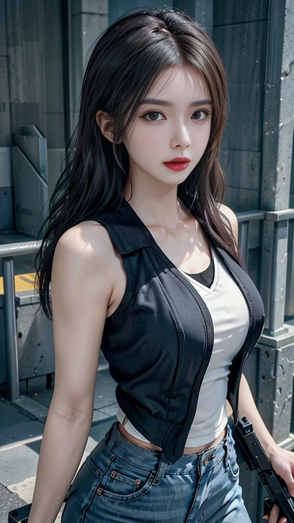 realistic, High resolution, 1 female, alone, sexy, hip up, show viewer, (detailed face), swat vest, gun, jewelry
