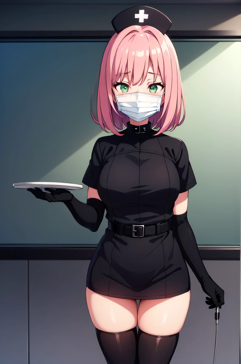 black nurse, 1girl, solo, black nurse cap, black nurse uniform, ((black legwear, zettai ryouiki)), black elbow gloves, pink hair, green eyes, drooping eyes, ((black surgical mask, covered nose)), standing, ((surgery room)), sharp outline, short sleeves, best quality, masterpiece
