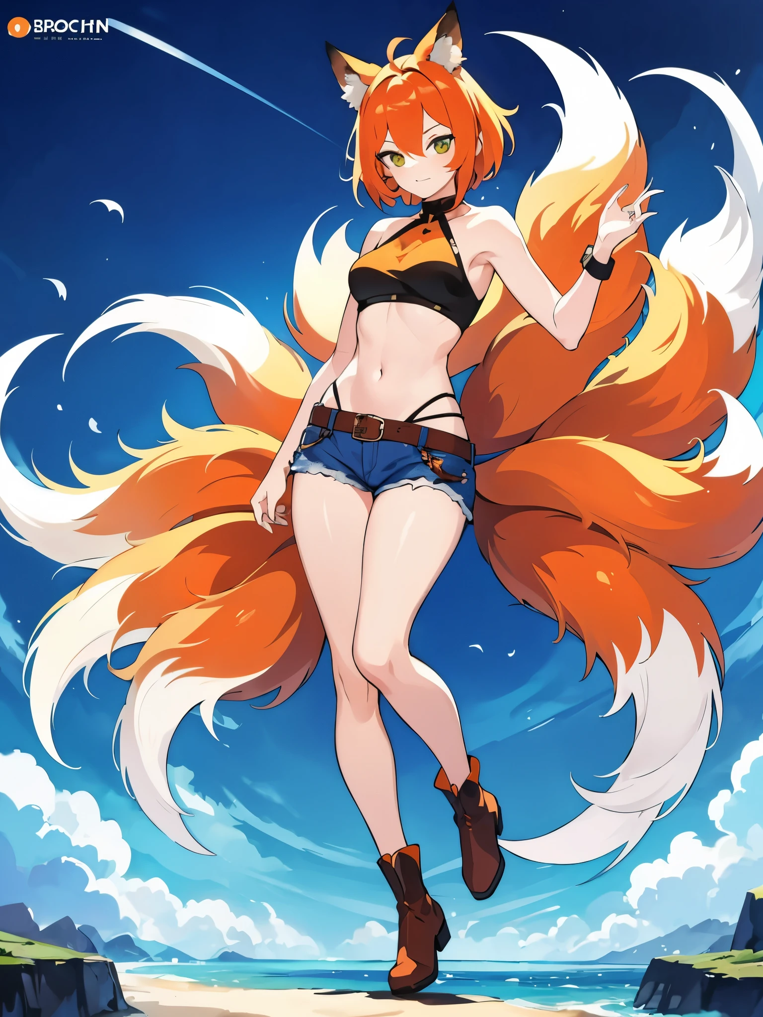 1girl, short orange hair, greenish eyes, forest, green T-Shirt, cutout above navel, blue denim shorts, black belt, brown boots, absurdres, high res, ultrasharp, 8K, masterpiece,1 girl, full body, (blue eye), (orange hair), (fox tail), (fox ears), (a beautiful young woman: 1.1), beautiful detailed eyes, orange hair, small breasts, (looking at the viewer),  (cover style: 1.3), elegant, woman, vibrant, clothing, posing, front, colorful, dynamic, background, elements, confident, expression, statement, majestic, scene,  daring, eye-catching, fashionable , captivating, headline, impressive, focus,