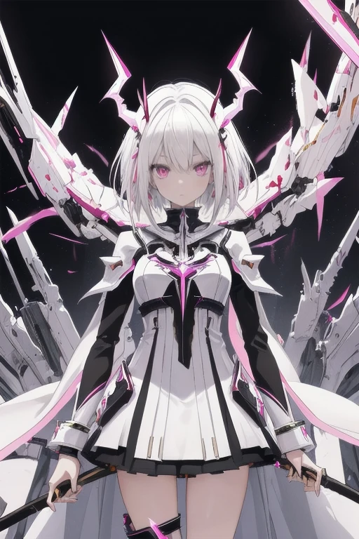 masterpiece, best quality, detailed eyes, black background
1 anime girl, (cowboy_shot view), thighs,
extremely long hair, white hair, pink eyes, short hair,
shiny skin, oily skin, 
[standing straight],
extreme lowleg, very skimpy,
(demonic girl), vibrant colors, (extreme chaos clothes:1.3),
executioner colors, light power, :/, silent beauty, light scythe, white clothes, light pink clothes, gold clothes, fantasy attire, (mucho details),
spiked headgear, gown,
mecha headgear, mecha gear, sci-fi, mecha musume,