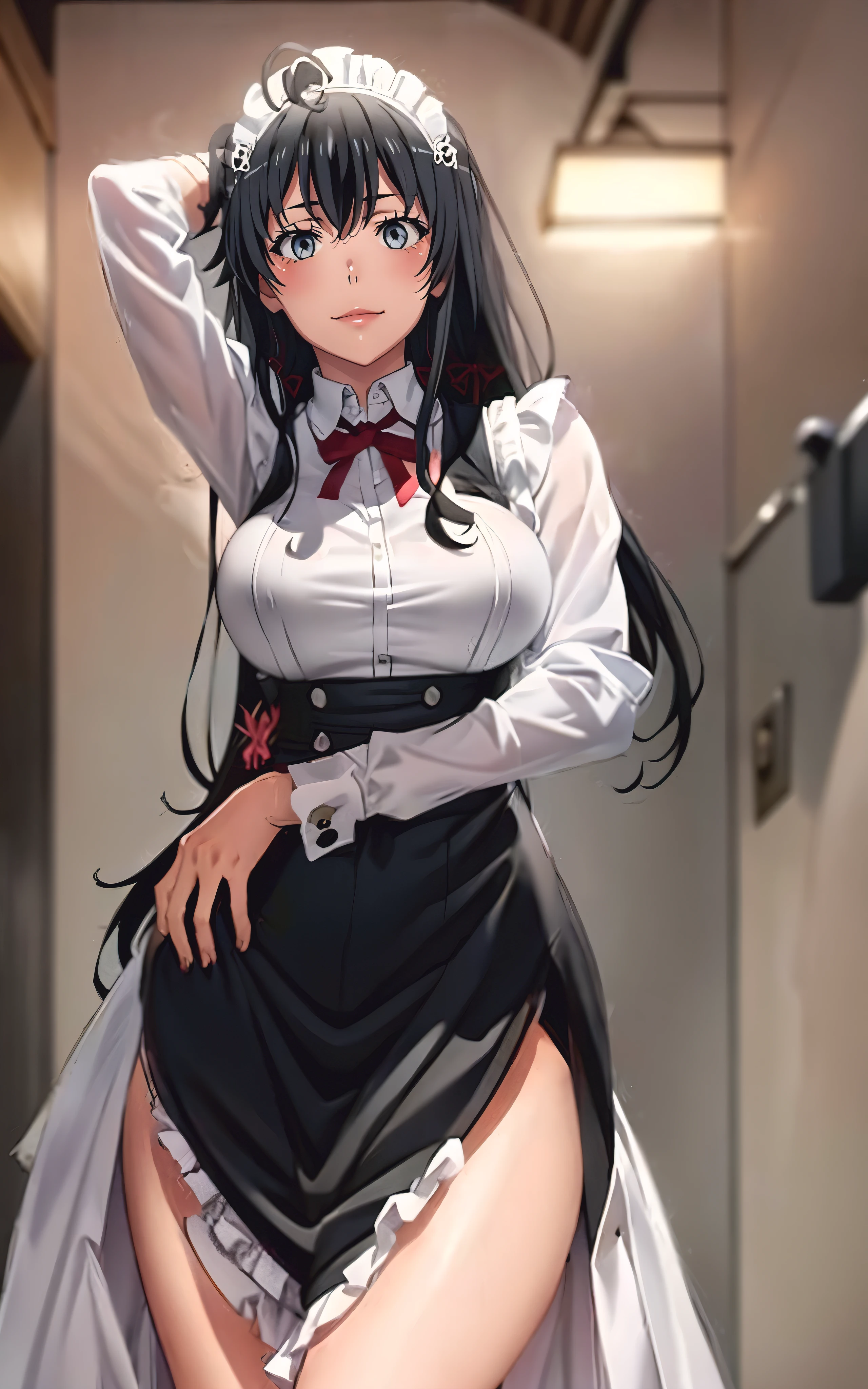 yukinoshita yukino, (long hair, black hair:1.6), grey eyes, anatomically correct, heavy breathing, huge breasts, breast press, solo, breasts, large_breasts, maid_headdress, looking_at_viewer, maid, standing, long_sleeves, bowtie, frills, (shaded face:1.2), hollow eyes, grey eyes, looking at viewer, heavy breathing, seductive smile, blush, closed mouth, lipstick