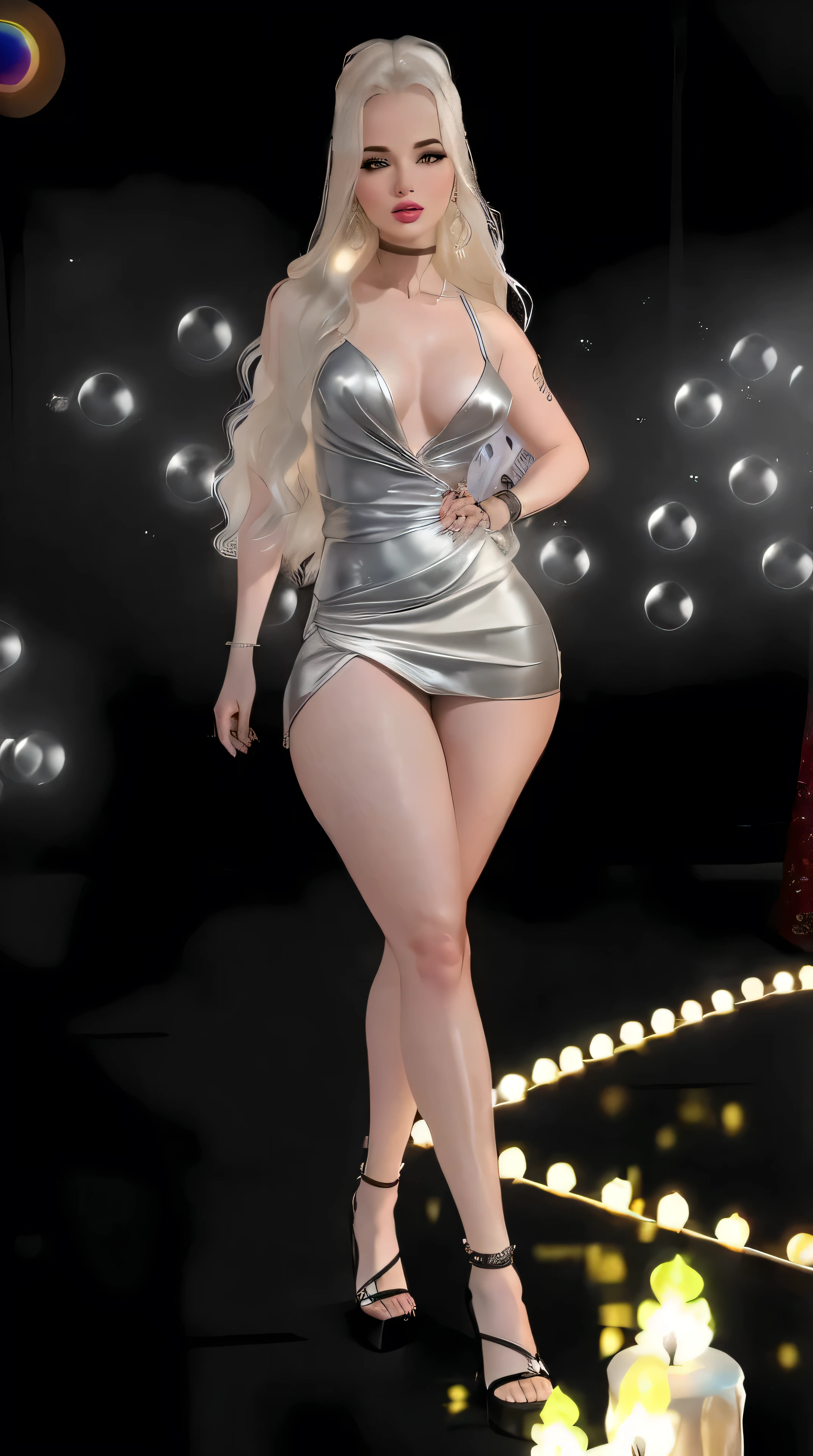 A close-up of a woman in a silver dress standing in front of a Christmas tree, ava max, cuerpo completo fotorrealista, figura completa hiperrealista, nicki minaj curvas, on a mannequin. alta calidad, cuerpo pin-up, Cuerpo perfecto fotorrealista, vestido sexy, la super caliente y sexy, vestido ajustado, vestido plateado elegante, Estatua de la mujer perfecta