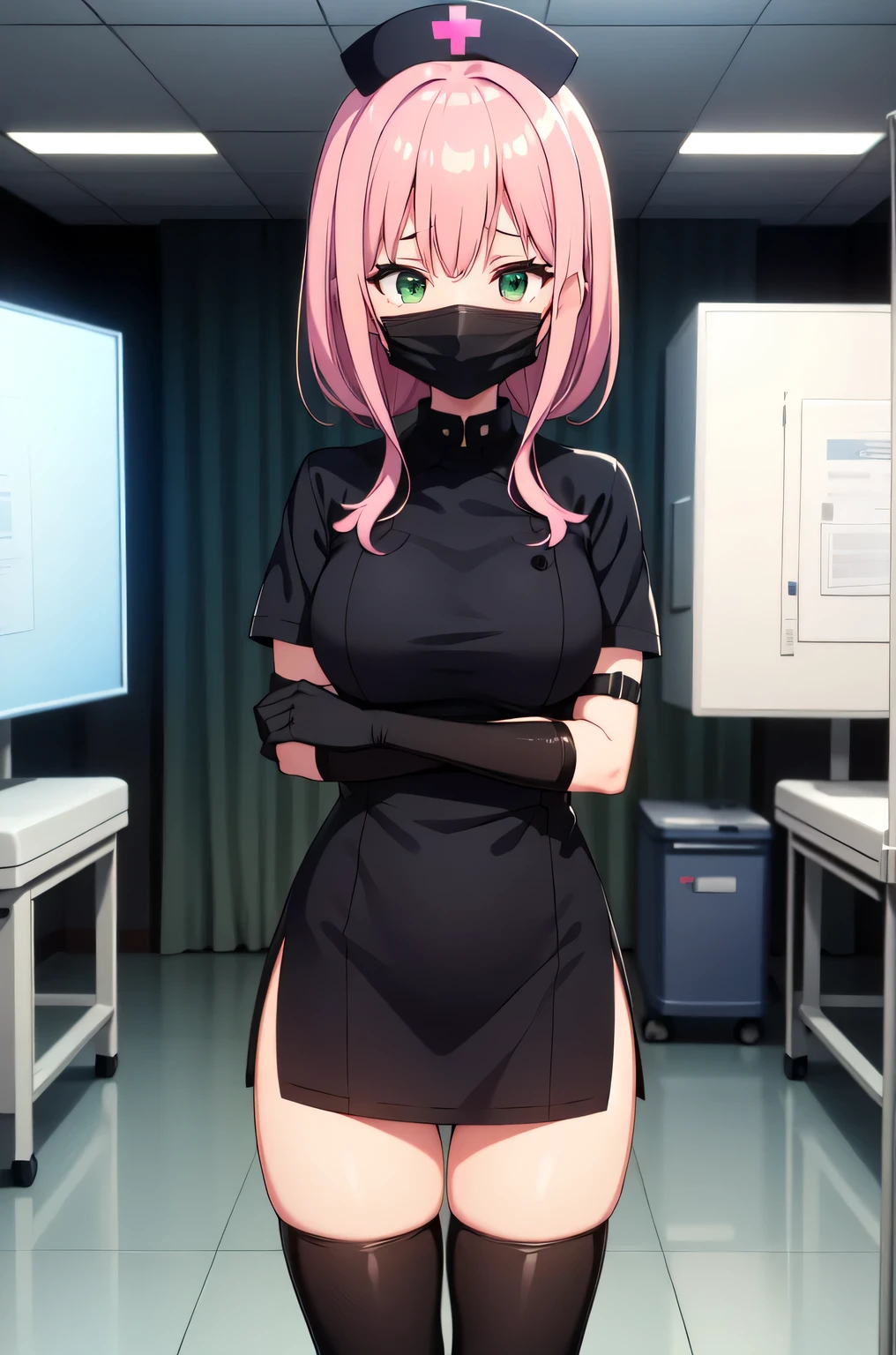 black nurse, 1girl, solo, black nurse cap, black nurse uniform, ((black legwear, zettai ryouiki)), black elbow gloves, pink hair, green eyes, drooping eyes, ((black surgical mask, covered nose)), standing, ((surgery room)), sharp outline, short sleeves, best quality, masterpiece
