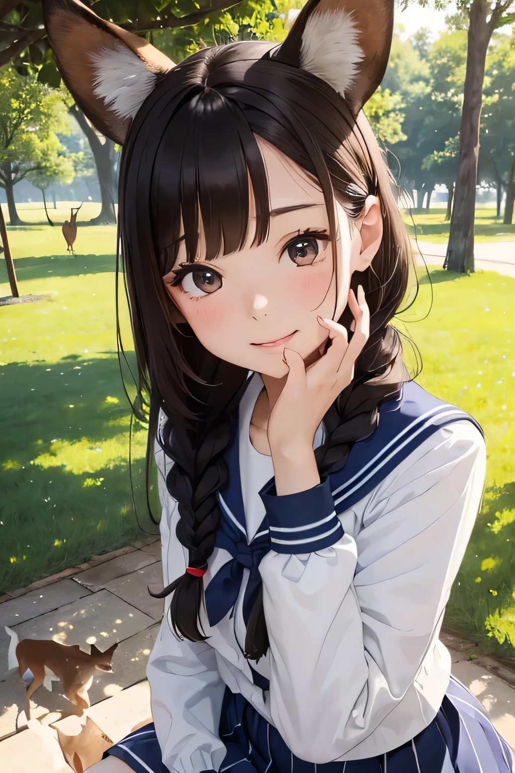 highest quality、High resolution、Detailed Background、(Beautiful face in every detail:1.4)、Anatomically correct、(Draw the usual number of fingers:1.2)、(Detailed facial expressions)、(Detailed eyes:1.2)、(Detailed eyes:1.2)、Beautiful, smooth skin、Teenage beauty、(Highly detailed face:1.4)、Brown Hair、Black Hair、Braided Bob、Braided Ponytail、Braided long hair、Wavy Hairstyle、well-groomed eyebrows、Perfect body line、White Sailor Suit、Light blue sailor collar、Checkered pleated skirt、School Cardigan、White Stockings、School trip、Nara Park、Feel in harmony with nature、In a joking manner、A big smile、

(A beautiful girl interacting with deer at Nara Park:1.5)、

With friends, we grabbed some deer crackers and approached the deer.、
Deer eating deer crackers and receiving food from the hand、
Posing with the deer with your friends will bring lots of smiles to your photos.、
Stretching out your hands with the deer and sitting side by side with them、
A deer comes up to me and strokes my head.。
The two of them are surrounded by deer and are petting each other&#39;s heads.、
A walk with deer in the natural surroundings of Nara Park、
Walking with deer and interacting with them in nature、cute