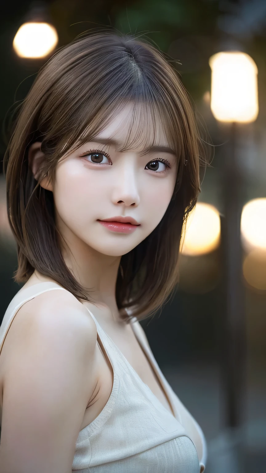 (highest quality,masterpiece:1.3,超A high resolution,),(Very detailed,Caustics),(Realistic:1.4,RAW shooting,)Ultra-Realistic Capture,Very detailed,High resolution 16K suitable for human skin、 Natural skin texture、、Skin tone is even and healthy looking、 Use natural light and color,One Woman,Japanese,,cute,Brown Hair,Middle Hair,(Written boundary depth、chromatic aberration、、Wide range of lighting、Natural Shading、)、(Outdoor lighting at night:1.4)、(Hair swaying in the wind:1)、short hair、Outward flicked edge