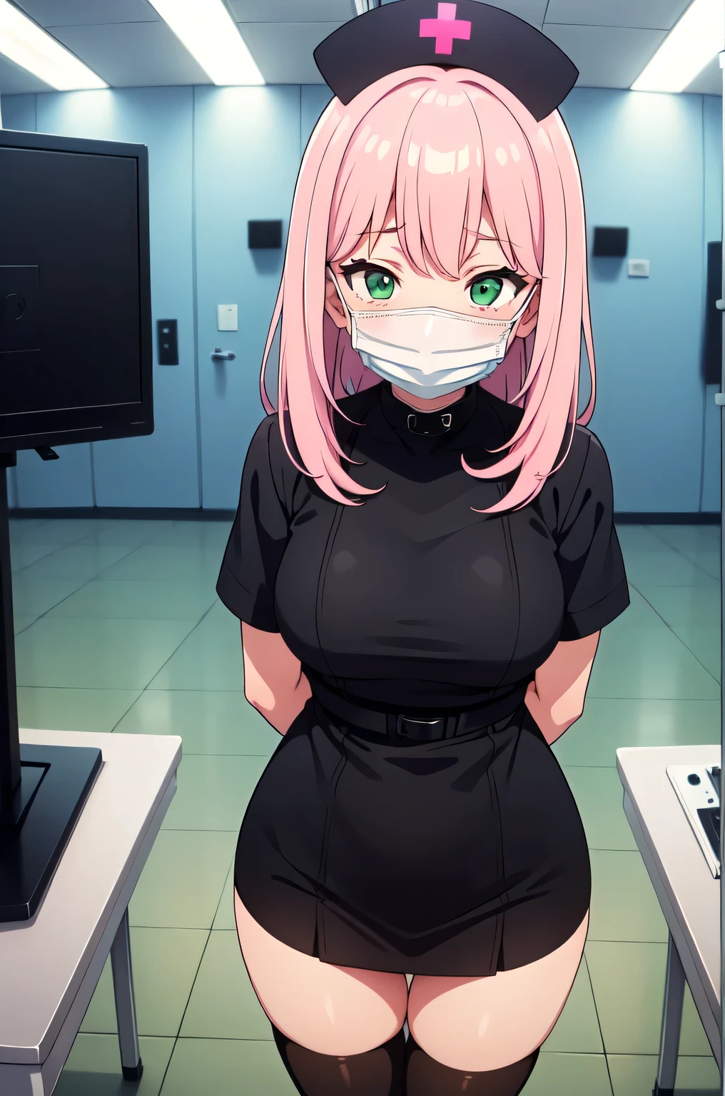 black nurse, 1girl, solo, black nurse cap, black nurse uniform, ((black legwear, zettai ryouiki)), black elbow gloves, pink hair, green eyes, drooping eyes, ((black surgical mask, covered nose)), standing, ((surgery room)), sharp outline, short sleeves, best quality, masterpiece