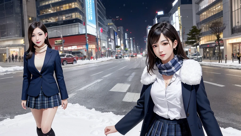 (highest quality, Tabletop: 1.1), (Realistic: 1.3), (photoRealistic: 1.3),wallpaper, break (((FF7,Tifa_Lockhart))),(((knit,very fluffy,big, Long scarf))),(((Japanese JK Uniform,Navy Blue Blazer,School Shirt,Long sleeve,Navy blue plaid pleated mini skirt,Dark blue short socks,loafers))),((Hair is in the scarf)),(background big city,Shibuya Ward:1.1,Hard snow:1.3,neon:1.2),Cinema Lighting,City lights at night,(Sculpture Pose:1.3,Nogizaka Idol),Highly detailed face, Fine grain,Red eyes, break (((FF7,Tifa_Lockhart))),(Black brown hair, Large Breasts: 1.0), break , Around 18 years old,cute,Sensual,View your viewers,Beautiful feet,walking,Wet body:1.3,heavy snow  , In the snow,it&#39;s snowing