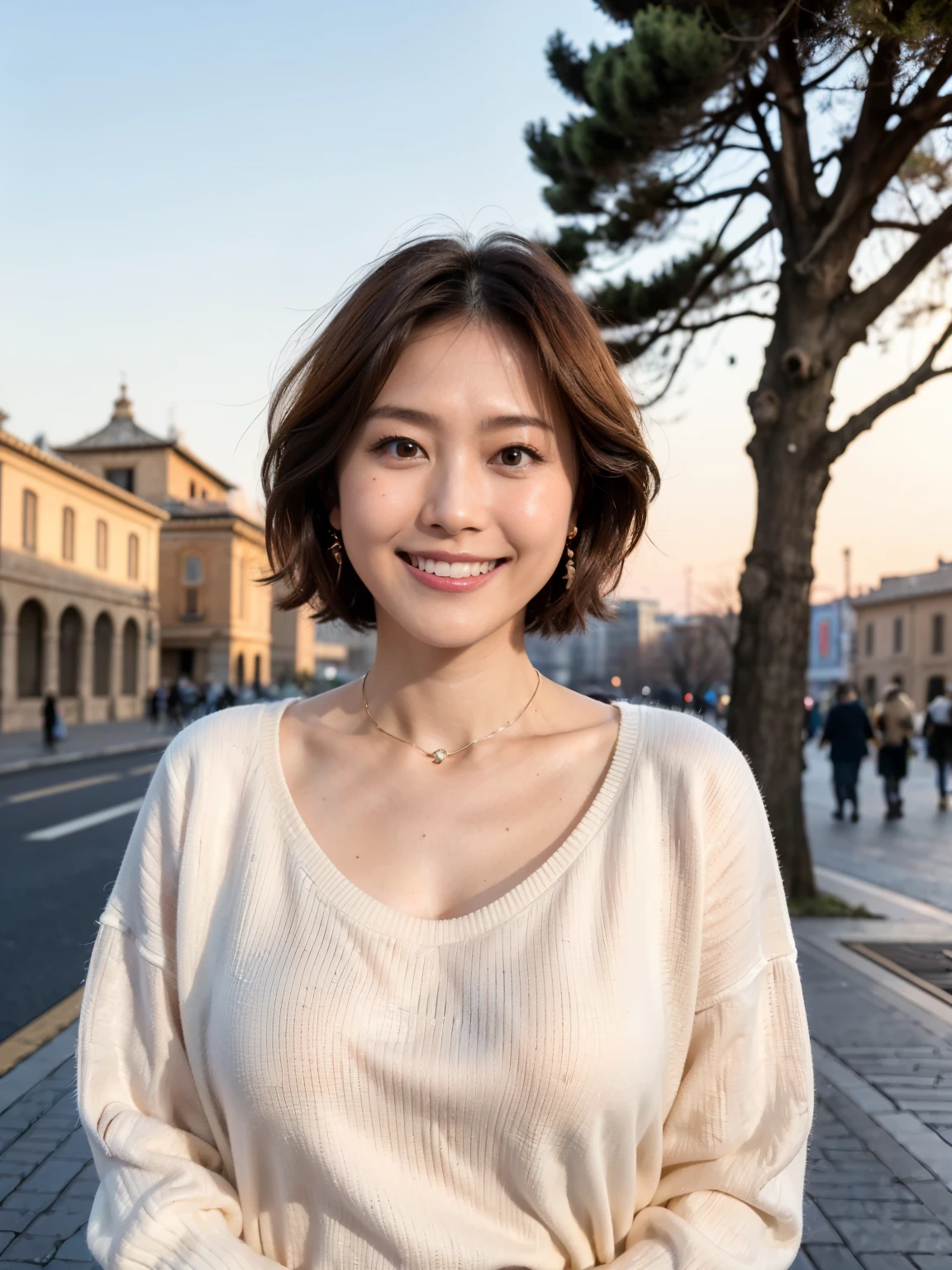 (highest quality, 8k, 32k, masterpiece, Ultra-high resolution:1.2),Beautiful Japanese Women Photos, Large Breasts, Very short bob hair,whole body,White sweater, necklace, Simple Background,  View your audience,smile、（Vatican:1.2）、（Church Square:1.5）、（Sunset：1.4）