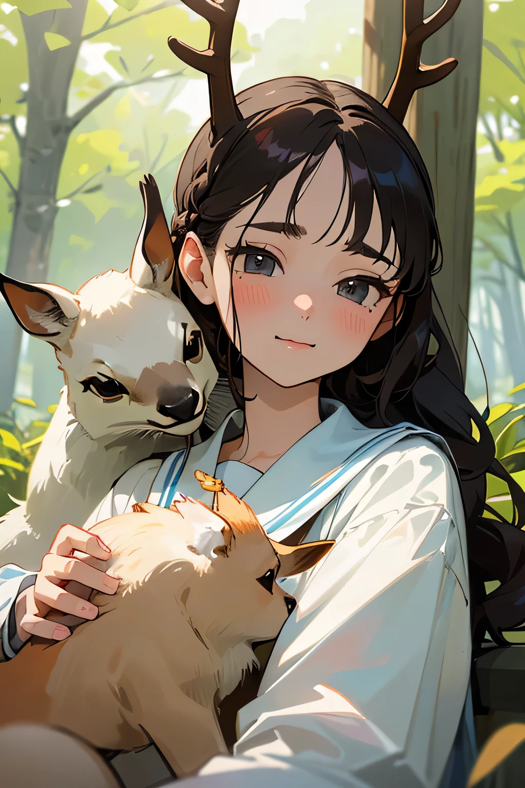 highest quality、High resolution、Detailed Background、(Beautiful face in every detail:1.4)、Anatomically correct、(Draw the usual number of fingers:1.2)、(Detailed facial expressions)、(Detailed eyes:1.2)、(Detailed eyes:1.2)、Beautiful, smooth skin、Teenage beauty、(Highly detailed face:1.4)、Brown Hair、Black Hair、Braided Bob、Braided Ponytail、Braided long hair、Wavy Hairstyle、well-groomed eyebrows、Perfect body line、White Sailor Suit、Light blue sailor collar、Checkered pleated skirt、School Cardigan、White Stockings、School trip、Nara Park、Feel in harmony with nature、In a joking manner、A big smile、
(A beautiful girl interacting with deer at Nara Park:1.5)、
With friends, we grabbed some deer crackers and approached the deer.、
Deer eating deer crackers and receiving food from the hand、
Posing with the deer with your friends will bring lots of smiles to your photos.、
Stretching out your hands with the deer and sitting side by side with them、
A deer comes up to me and strokes my head.。
The two of them are surrounded by deer and are petting each other's heads.、
A walk with deer in the natural surroundings of Nara Park、
Walking with deer and interacting with them in nature、cute