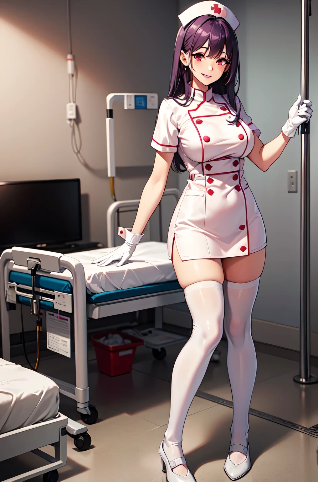 1woman, solo, nurse, white nurse cap, white nurse uniform, ((white legwear, zettai ryouiki)), white gloves, long hair, purple hair, red eyes, pink lips, smile, standing, ((hospital room)), sharp outline, short sleeves, mature female, 35 years old, best quality, masterpiece