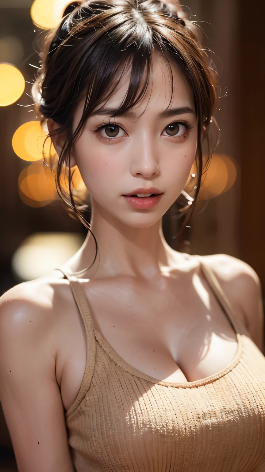 (Ultra-realistic), (figure), (High resolution), (In 8K), (Very detailed), (Best figure), (Beautiful fine details), (highest quality), (Ultra-detailed), (wallpaper), (Detailed face), drooping eyes, Sweat a lot, Upper body close-up,  Underarm,short hair,Girl in Sleeveless Sweater, Japanese, I can see your chest, (Camel Toe)