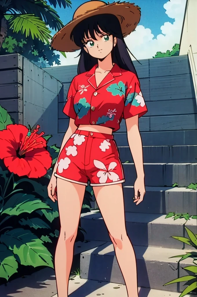 Madoka Ayukawa, , bangs, 1girl, masterpiece, highest quality, disorganized, retro artstyle, 1980s \(style\)))), look viewer, long hair, Woman wearing a straw hat standing on a steps, (((Bright red aloha shirt with hibiscus pattern))), (((white shortpants))), blue longhair,