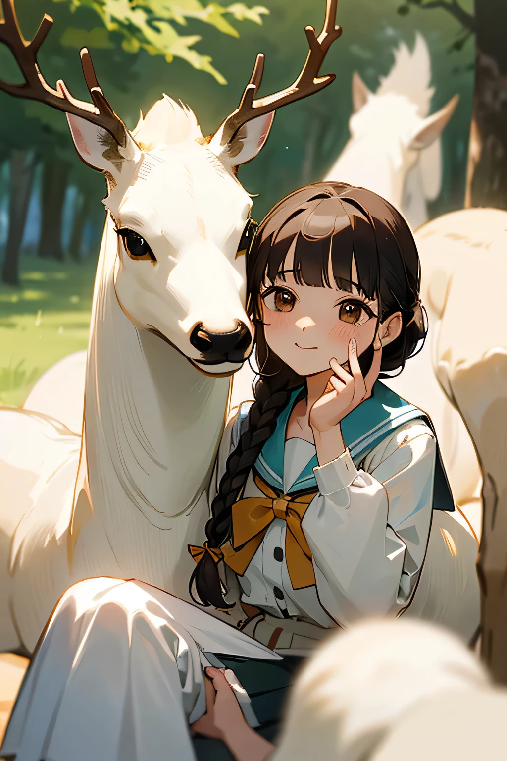 highest quality、High resolution、Detailed Background、(Beautiful face in every detail:1.4)、Anatomically correct、(Draw the usual number of fingers:1.2)、(Detailed facial expressions)、(Detailed eyes:1.2)、(Detailed eyes:1.2)、Beautiful, smooth skin、Teenage beauty、(Highly detailed face:1.4)、Brown Hair、Black Hair、Braided Bob、Braided Ponytail、Braided long hair、Wavy Hairstyle、well-groomed eyebrows、Perfect body line、White Sailor Suit、Light blue sailor collar、Checkered pleated skirt、School Cardigan、White Stockings、School trip、Nara Park、Feel in harmony with nature、In a joking manner、A big smile、
(A beautiful girl interacting with deer at Nara Park:1.5)、
With friends, we grabbed some deer crackers and approached the deer.、
Deer eating deer crackers and receiving food from the hand、
Posing with the deer with your friends will bring lots of smiles to your photos.、
Stretching out your hands with the deer and sitting side by side with them、
A deer comes up to me and strokes my head.。
The two of them are surrounded by deer and are petting each other's heads.、
A walk with deer in the natural surroundings of Nara Park、
Walking with deer and interacting with them in nature、cute