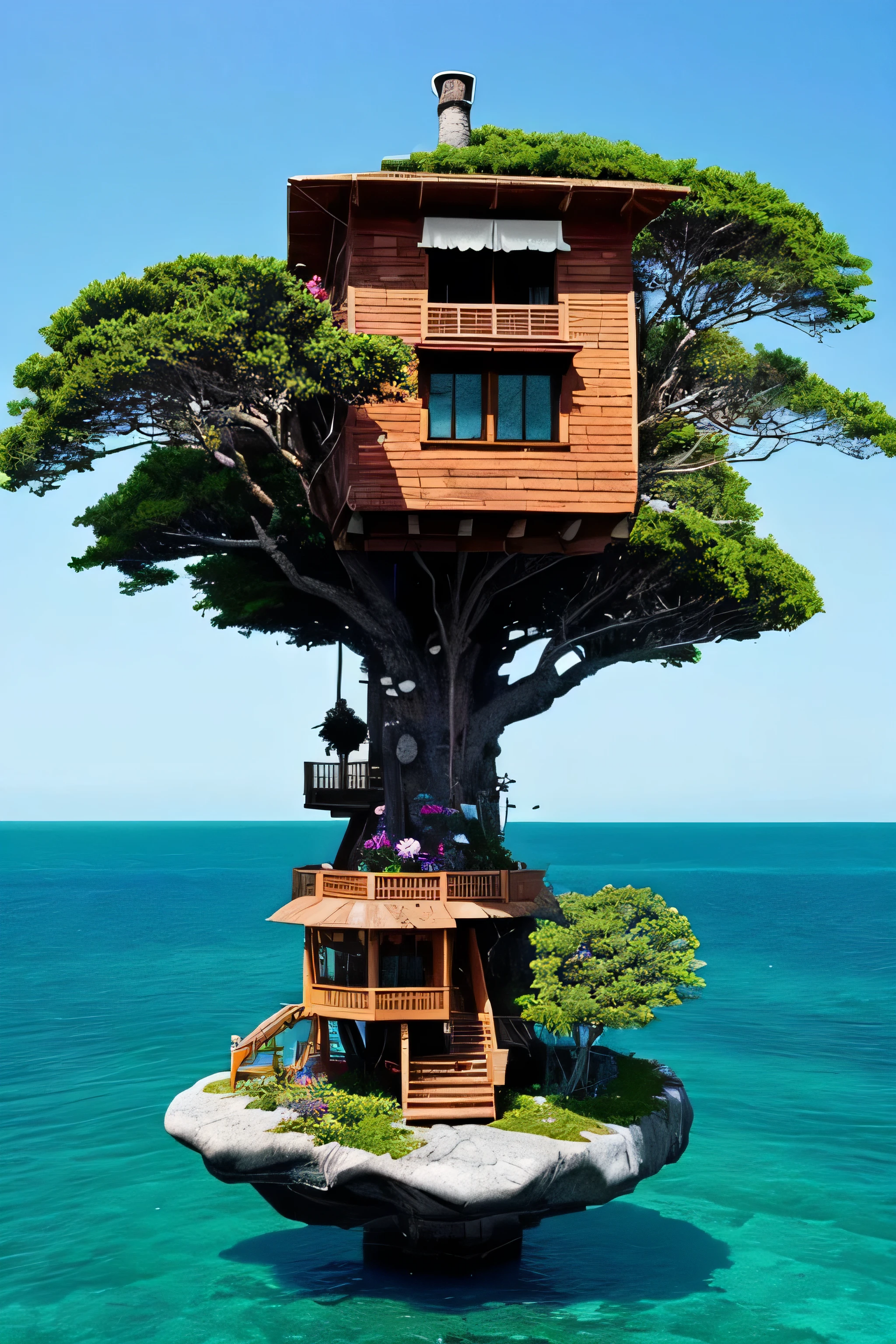 Perfection The Coolest tree house on a large rock in the middle of the sea with flowers in front of the house and trees on both sides of the house