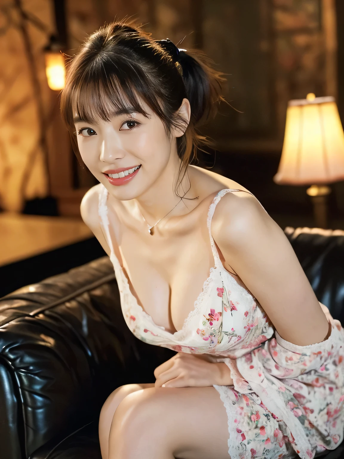 ((whole body from thighs:1.5)), ((Sideways body)), ((Photorealism)),
((highest quality, 8k, masterpiece: 1.3)), Perfect body beauty: 1.4, Slim Abs: 1.2, Beautiful Woman With Slim Abs:1.3, (Highlight Haircut, Breast A cup:1.2), Small breasts, Round shaped breasts, Perfectly shaped breasts, Highly detailed face, Beautiful woman, (Dark brown shortcuts), Slim face, Highly detailed face and skin texture, Highly detailed lips, Spread your legs, highest quality, masterpiece, 超A high resolution, (Realistic:1.4), Open your arms, Length shot ,
((32 years old, Beautiful female announcer)),
((Cute floral nightgown, Red bra, Too much exposed skin:1.5)),
((Gorgeous Earrings, Silver Necklace)),
((Luxury Resort Hotel, Foliage plant:1.2)),
((Dark Room, Dim lighting, Lamplight:1.8)),
((Beautiful night view, Sit deep on the black sofa, I can see your beautiful thighs:1.2)),
((Sexy atmosphere, Gaze seducing a man, hold out your lips, A sigh escapes, Take off:1.2)),
((Touching the crack of one's crotch with one's fingers, Lift your hips, Focus on the crotch:1.2)),
((Lift your face a little)),
((Squint your eyes)),
((purse your lips:1.2)),
((Blushing:1.2)),
((Open your mouth a little to show your white teeth, stick out your tongue a little)),
((Body facing forward)),
((The cleavage is fluffy, Beautiful breasts)),
Narrow shoulders, Beautiful clavicle, Long, slender legs,
The Beauty of Slim Abs, Thin waist,
Ultra-detailed skin, Fair skin, Glossy Skin, Ultra detailed face,
Ultra-detailed eyes, Slit eyes, Brown eyes, double eyelid, Beautiful thin eyebrows, Thin, long eyelashes,
Ultra-detailed lips, Fuller lips, Glossy pink lips, Flushed Cheeks, White teeth,
Beautiful actress's languid make-up, Pink lipstick, Smoky eyeshadow, Eye foundation,
Dark brown hair, Delicate and soft hair, Hair blowing in the wind,
(Elegantly putting your hair up, short hair, ponytail:1.5), Layered Cut, (Blunt bangs:1.2),
Cute Smile, mouth half open, Dreamy look, ((Gazing at the audience)),