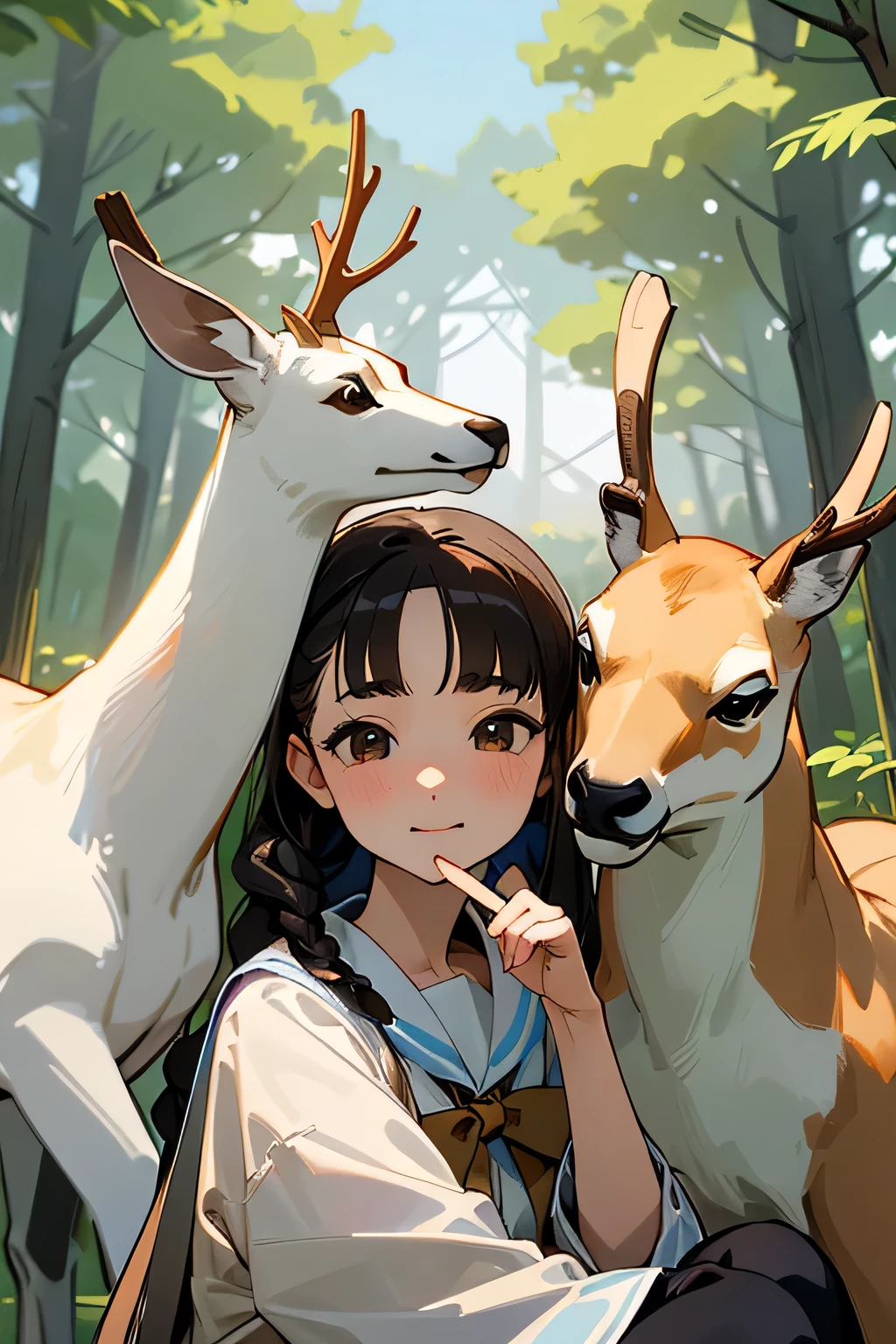 highest quality、High resolution、Detailed Background、(Beautiful face in every detail:1.4)、Anatomically correct、(Draw the usual number of fingers:1.2)、(Detailed facial expressions)、(Detailed eyes:1.2)、(Detailed eyes:1.2)、Beautiful, smooth skin、age beauty、(Highly detailed face:1.4)、Brown Hair、Black Hair、Braided Bob、Braided Ponytail、Braided long hair、Wavy Hairstyle、well-groomed eyebrows、Perfect body line、White Sailor Suit、Light blue sailor collar、Checkered pleated skirt、School Cardigan、White Stockings、School trip、Nara Park、Feel in harmony with nature、In a joking manner、A big smile、
(A beautiful girl interacting with deer at Nara Park:1.5)、
With friends, we grabbed some deer crackers and approached the deer.、
Deer eating deer crackers and receiving food from the hand、
Posing with the deer with your friends will bring lots of smiles to your photos.、
Stretching out your hands with the deer and sitting side by side with them、
A deer comes up to me and strokes my head.。
The two of them are surrounded by deer and are petting each other's heads.、
A walk with deer in the natural surroundings of Nara Park、
Walking with deer and interacting with them in nature、cute