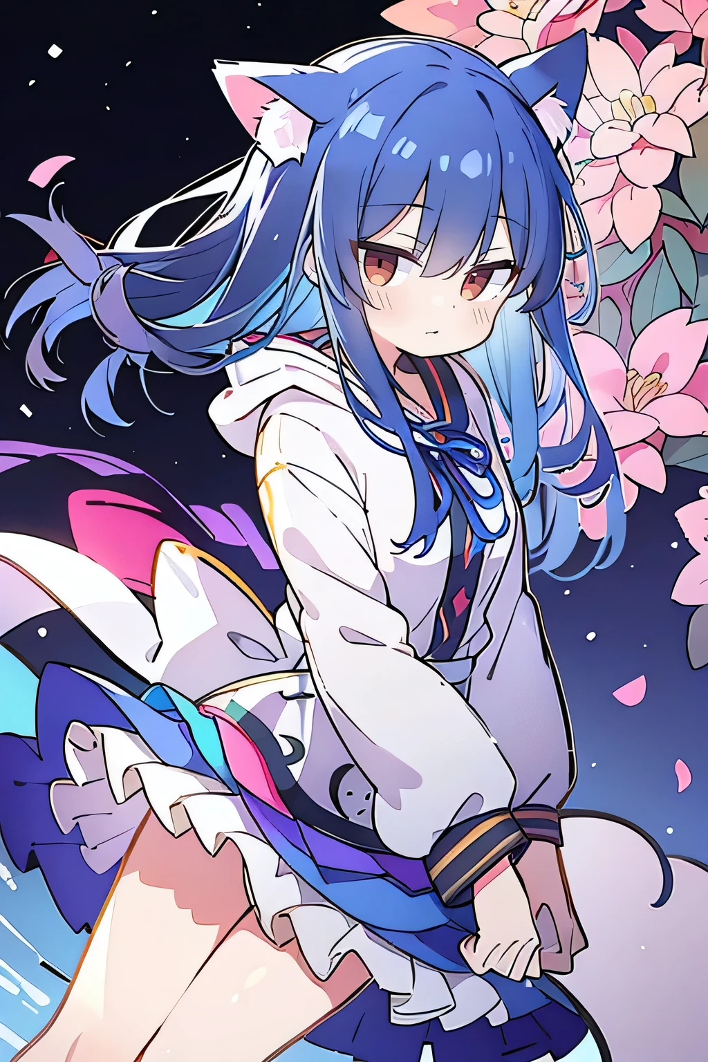 (masterpiece:1.2),Super detailed,lifelike,Expressive eyes,fair skin,perfect face shape,1 girl,
Japanese comics,Gorgeous blue hair,flowing blue hair,flowing clothes,Cat ears,Petals fall,beautiful lola,Baby Angel,
Shaking head with one hand,Cross your legs,Gentle and peaceful background,The pavilion is cool and comfortable,smile, wearing hoodie, background of tokyo,back views,snowing, winter.