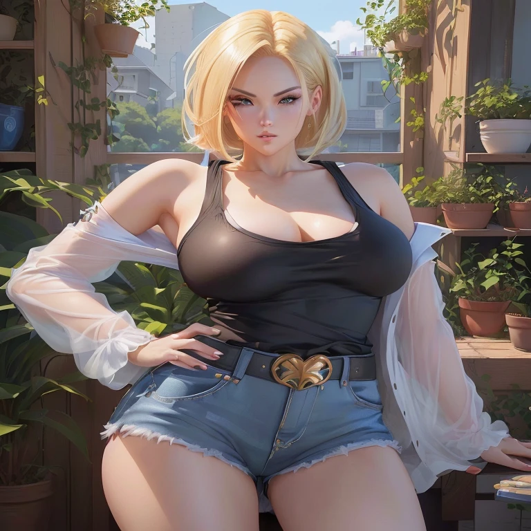 blond woman in a black top and blue shorts posing for a picture, android 18, realistic anime 3 d style, seductive anime girl, ig model | artgerm, 🤤 girl portrait, extremely detailed artgerm, realistic shaded perfect body, range murata and artgerm, digital anime illustration, realistic anime artstyle, hot and sunny highly-detailed