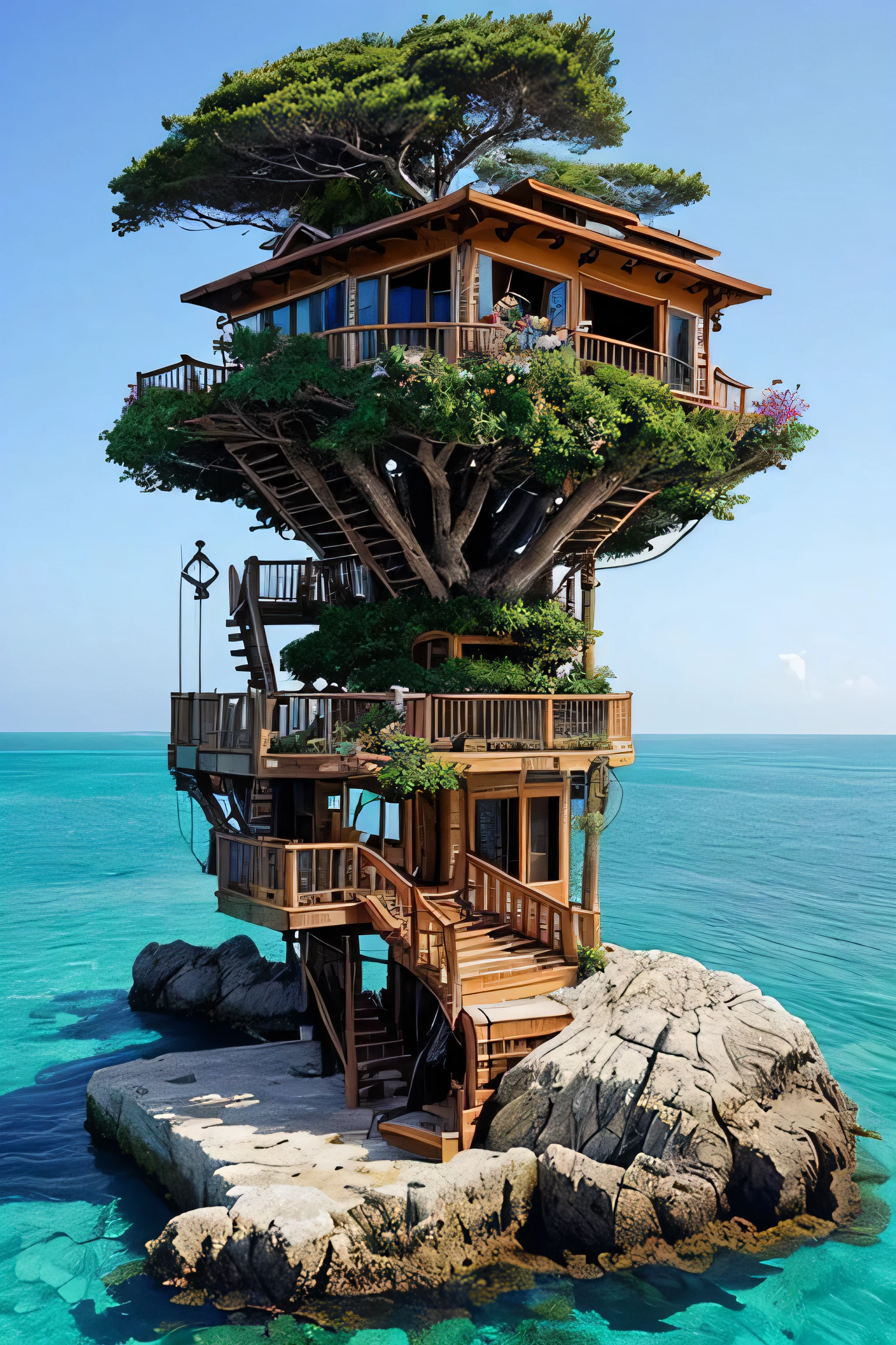 Perfection The Coolest tree house on a large rock in the middle of the sea with flowers in front of the house and trees on both sides of the house