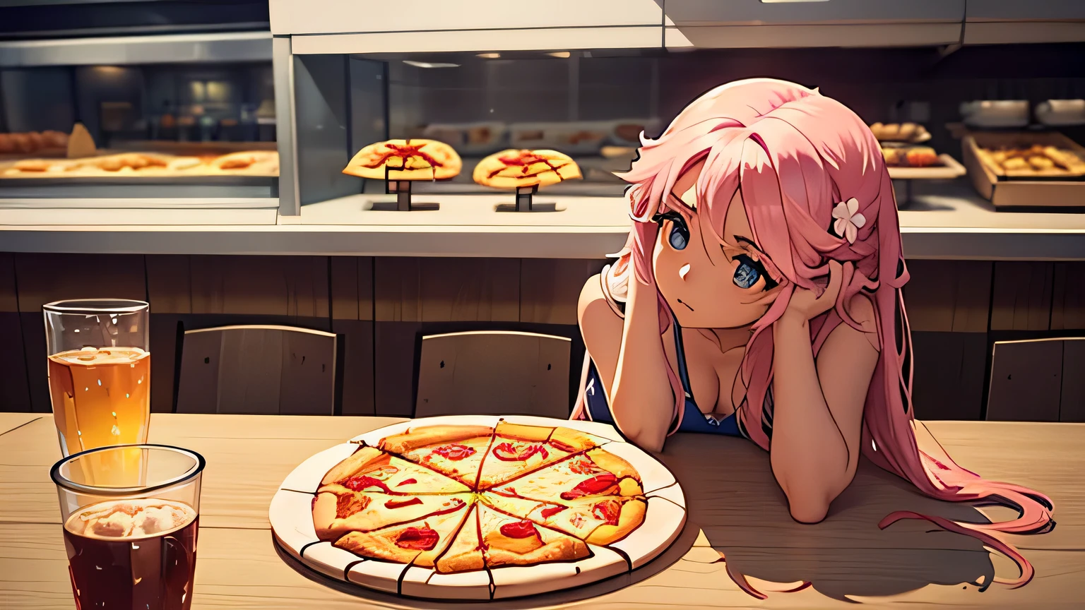 the pizza is in my head inside a cafeteria, utilizando la regla de los 3 tercios de fotografia para colocar al personaje, chica comiendo pizza medio cuerpo