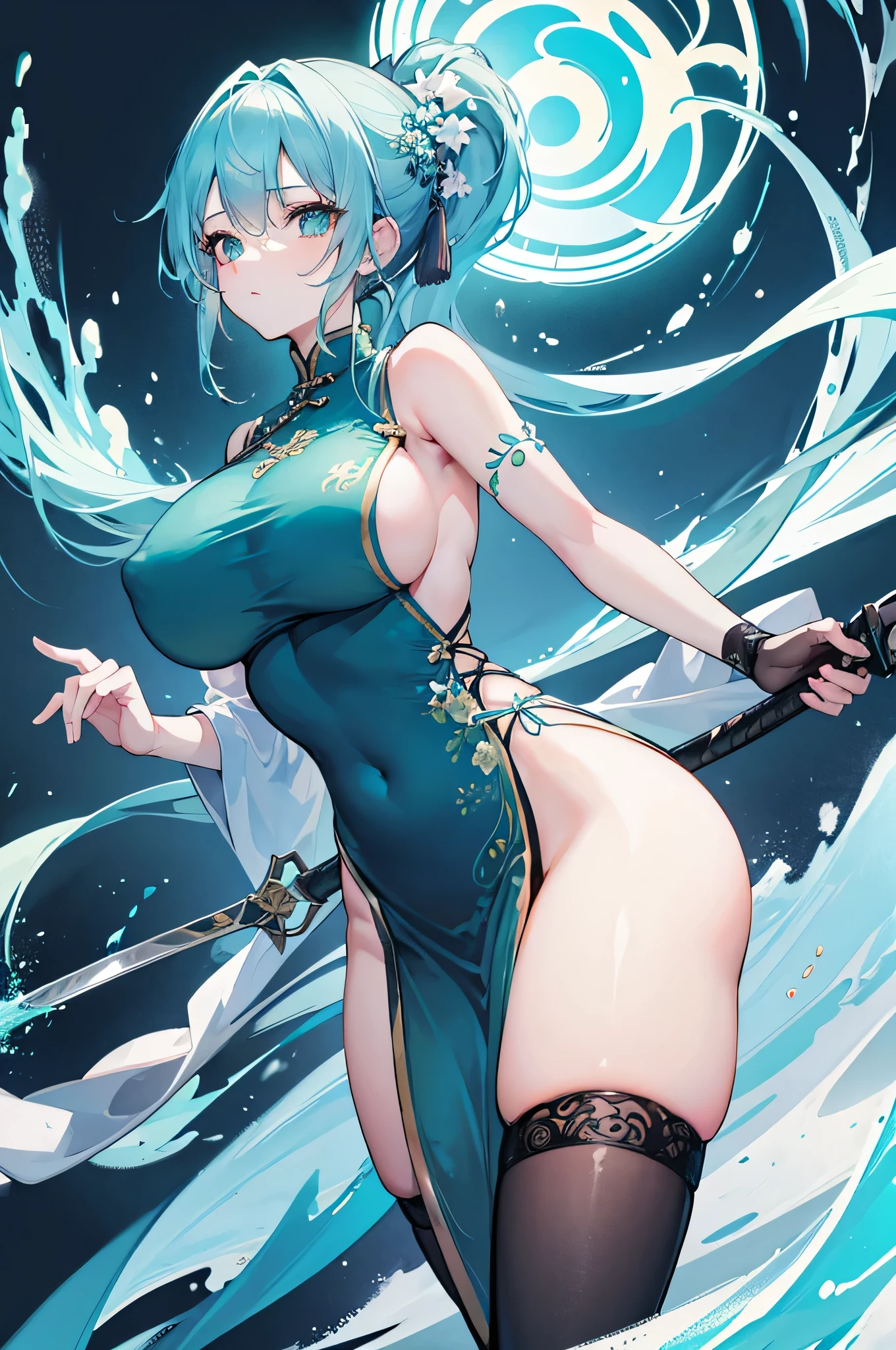 4k,High resolution,One Woman,Light blue hair,Long Ponytail,Bright green eyes,Big Breasts,huge nipples,Swordsman,China dress,Sideboob,Black Stockings,Chinese Knife,Medieval town