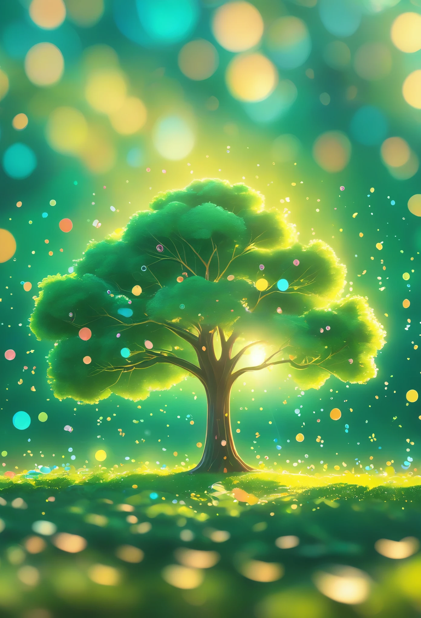 Close up of a cartoon big tree on a green background, Cute numbers艺术, Lovely and detailed digital art, 4k hd illustration wallpaper, Cute numbers, Blurred dream illustration, 4k hd wallpaper illustration, Cute 3d rendering, A beautiful artistic illustration, 2d illustration, 2d illustration, Blurred dreamy illustration, Epic Concept Art. Bokeh
