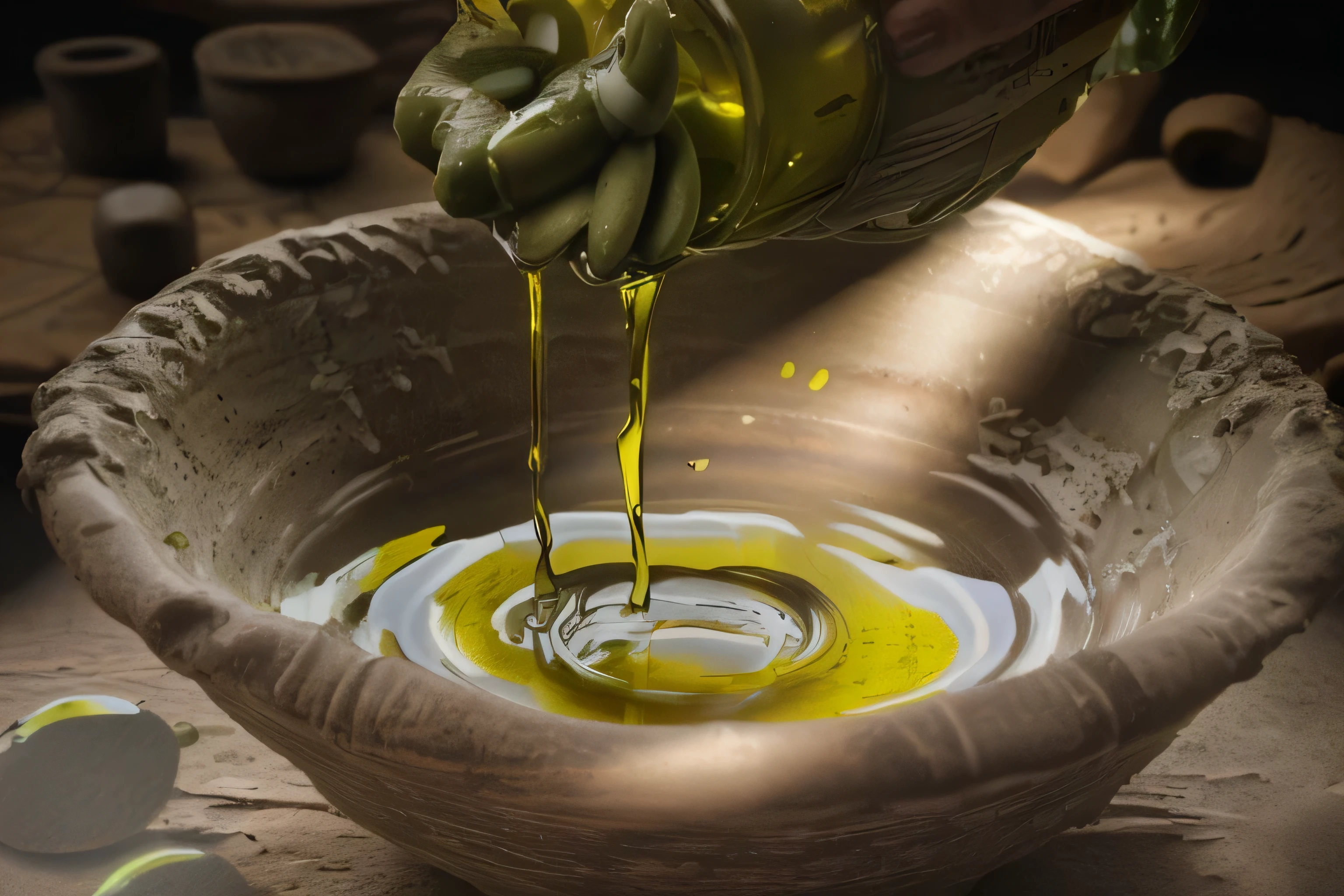 A old hand put olive oil in a ancient clay jar, darkness blackground