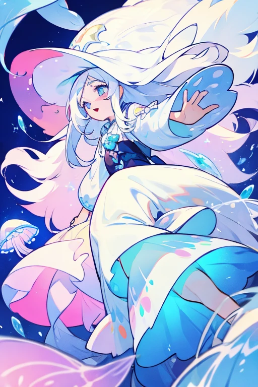 a witch character with long white hair, she is jellyfish inspired