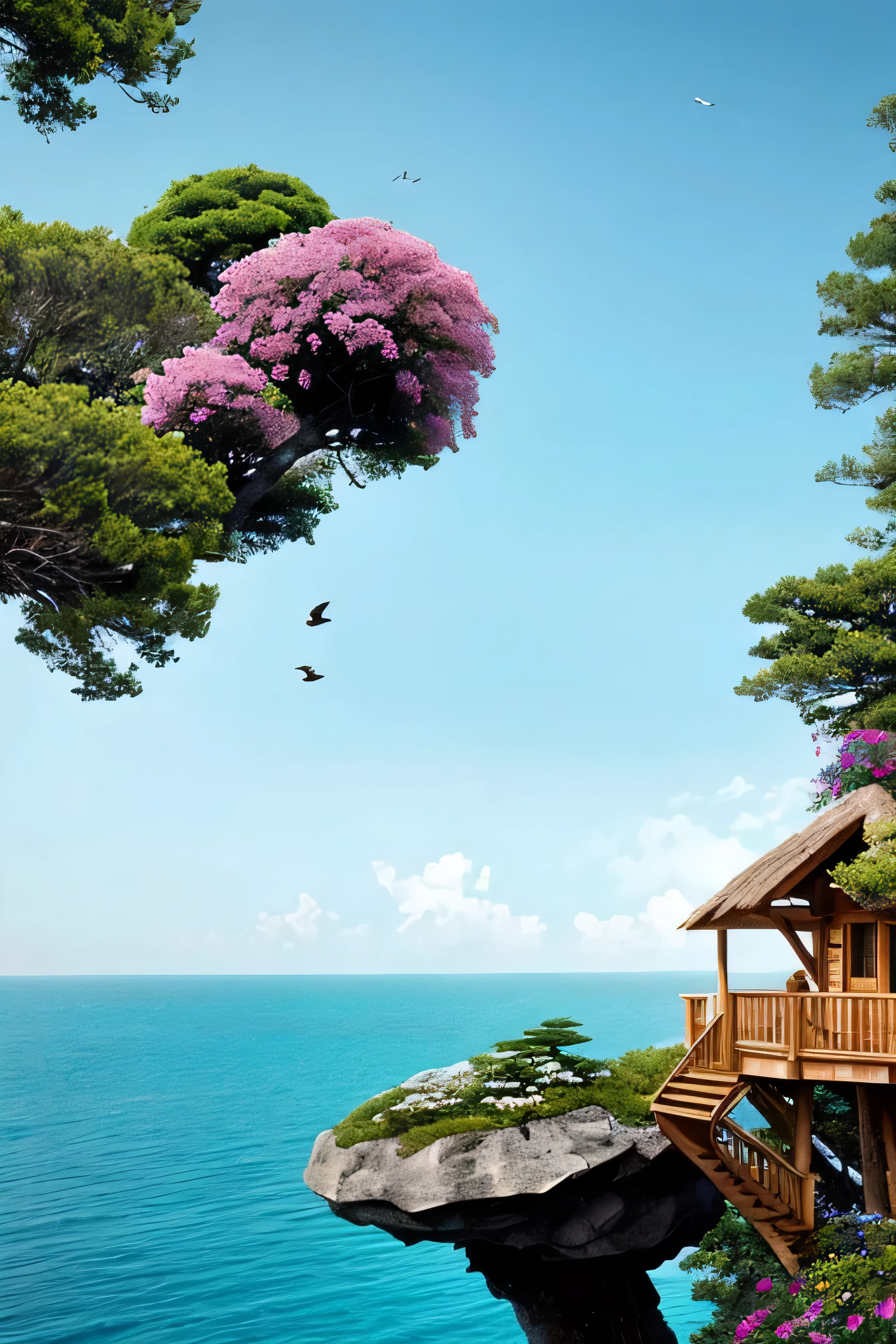 Perfection The Coolest tree house on a large rock in the middle of the sea with flowers in front of the house and trees on both sides of the house
