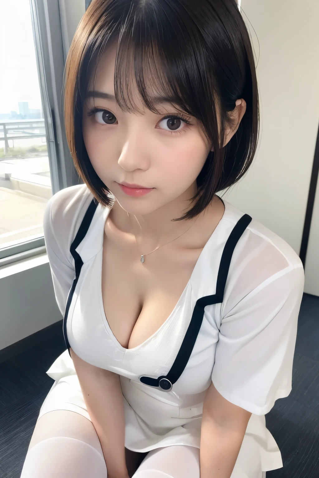 (1 Girl)、(Beautiful Japanese、18years old,round face、Refreshing、clear、seems kind、stylish、Pitiful、cute like an angel、cute、black eyes、,actress,Almond-shaped eyes), Good style , (Beautiful big breasts:1.2),(soft breasts),(very cute),(Black hair),(short bob hair),(enchanting eyes),(highlight on eyes:1.2)、(8K、Live shooting、highest quality、masterpiece:1.2、optimal lighting)、((masterpiece)),(Photo taken by a professional photographer),(real、photo real:1.4),break,{ (White nurse costume),(((taraditional nurse uniform))),(White nurse mini skirt),((White pantyhose)),(cleavage:1.2)},(Embarrassed face,Embarrassed face),(cheeks are red:1.2), break, break,Hospital,Face shot:1.3、Hospital waiting room、Looking at viewer, face close-up,Dynamic angle,leaning forward
