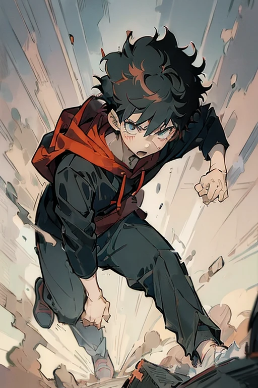 ((Masterpiece, Best Quality, 2d, anime)), (1 boy, Solo: 2), itadori, itadori_yuuji, black hair, red hoodie, open hoodie, hoodie off, blue eyes, Illustration, ragemode, wild hair, destruction,