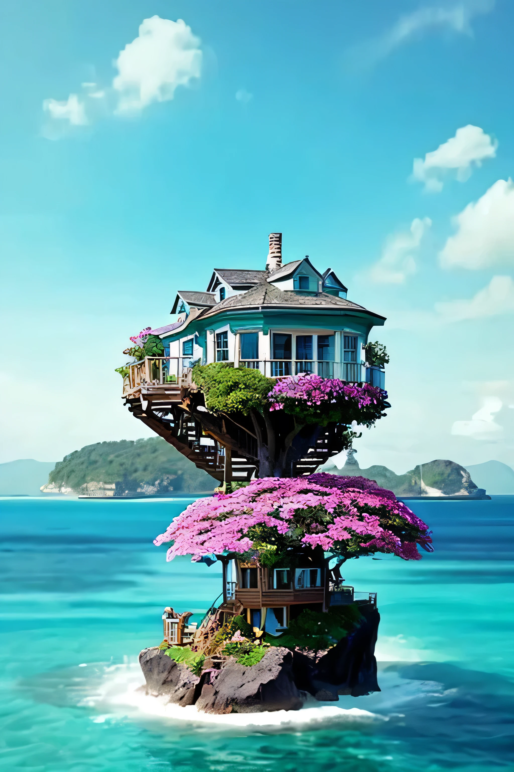 Perfection The Coolest tree house on a large rock in the middle of the sea with flowers in front of the house and trees on both sides of the house