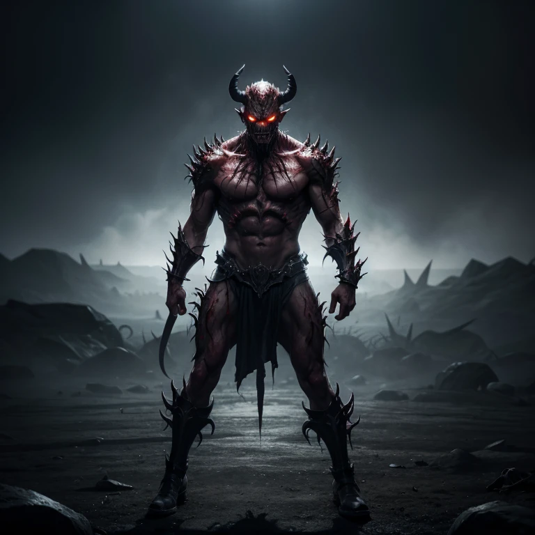 A terrifying demon is standing, serious, over a blank background.