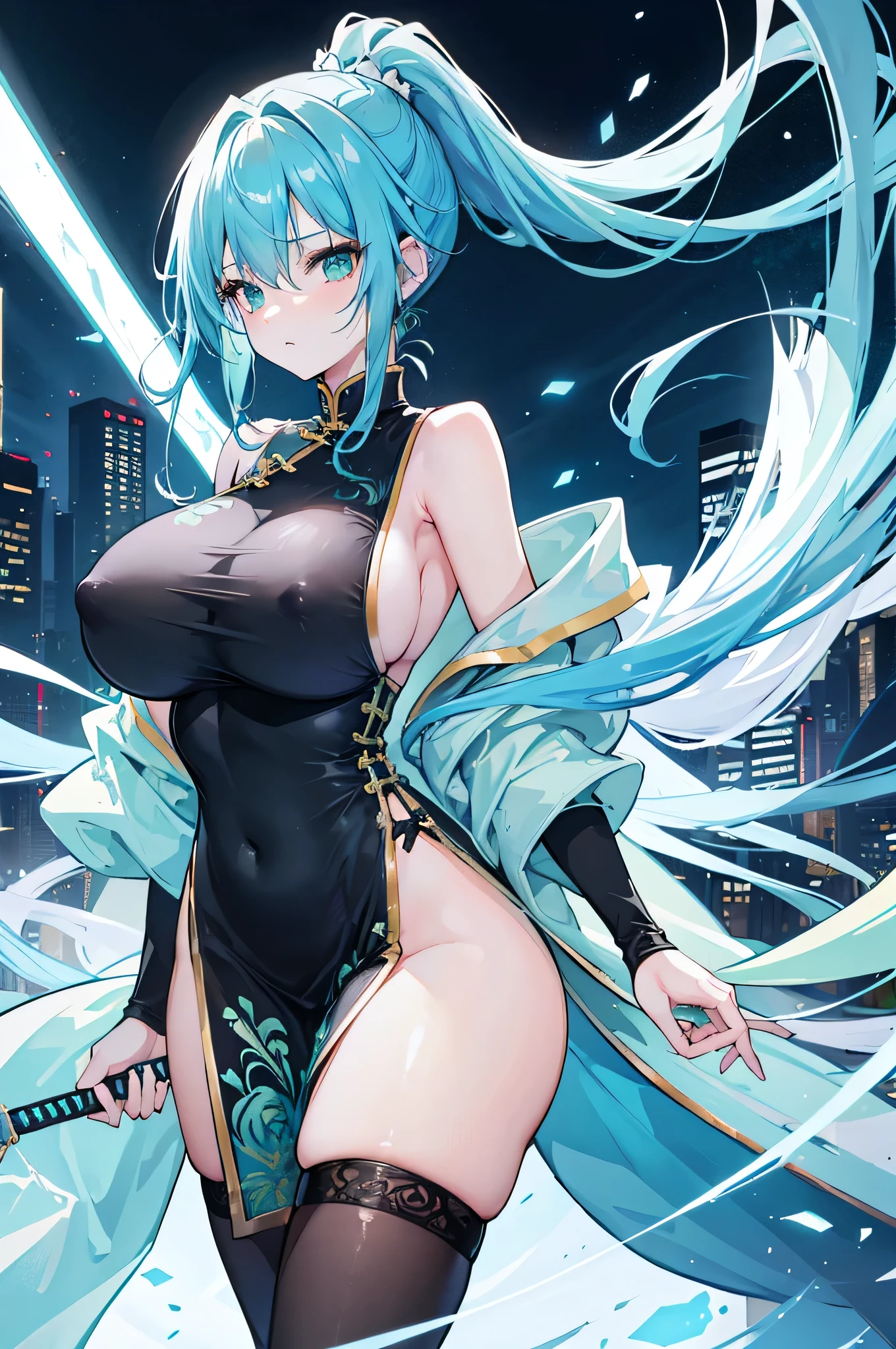 4k,High resolution,One Woman,Light blue hair,Long Ponytail,Bright green eyes,Big Breasts,huge nipples,Swordsman,China dress,Sideboob,Black Stockings,Chinese Knife,City of the Future