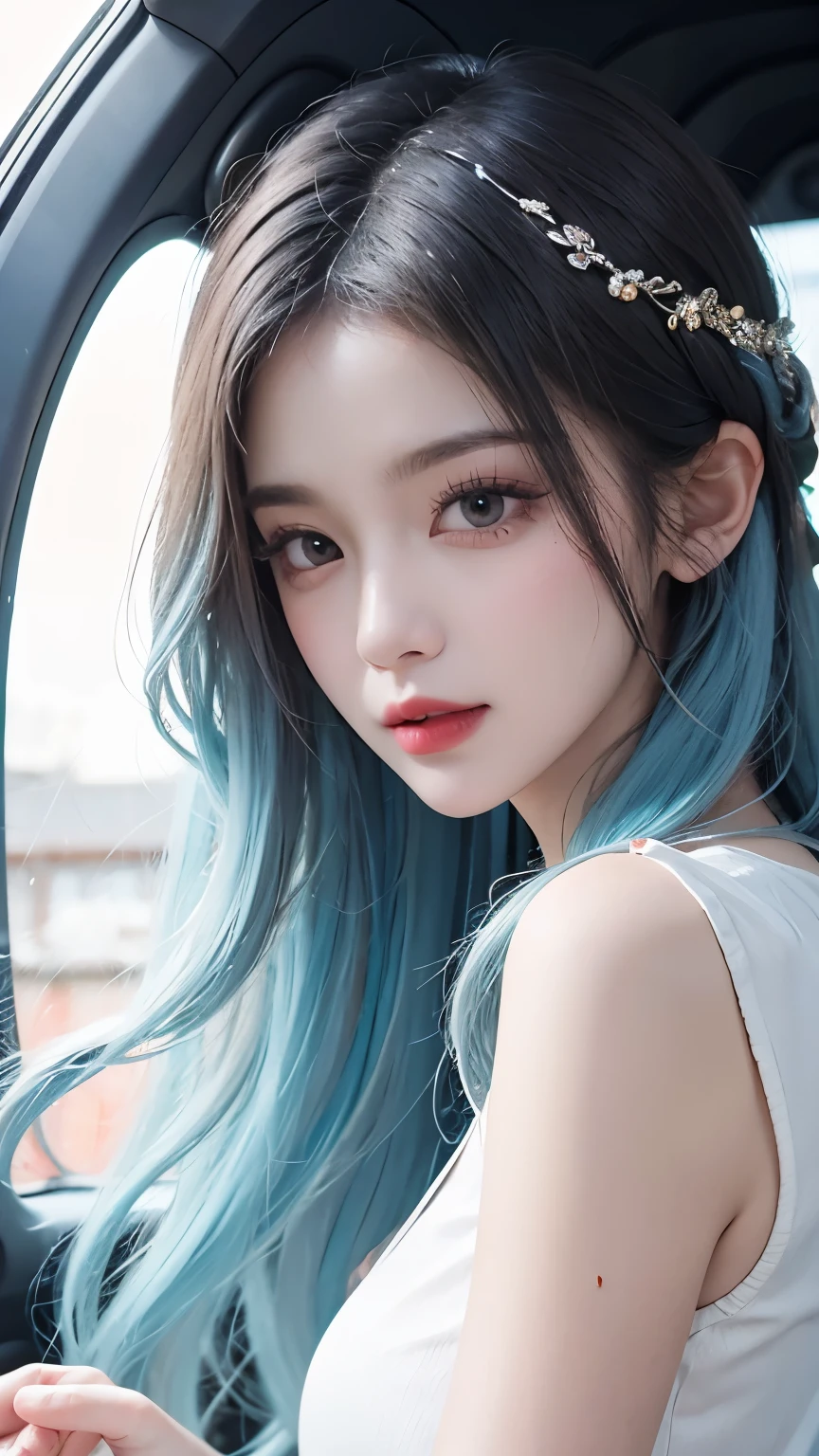 （a masterpiece of、Best Quority、A high resolution），white backgroung，Acrylic paints，（（splash of color，Splash ink、Color splattering）），Sweet Chinese girl，Long light blue hair，[light blues|Pinku]the hair，Hair with curls，glitters，Pink lips，White colored shirt，The front，Upper body body,A big-breasted