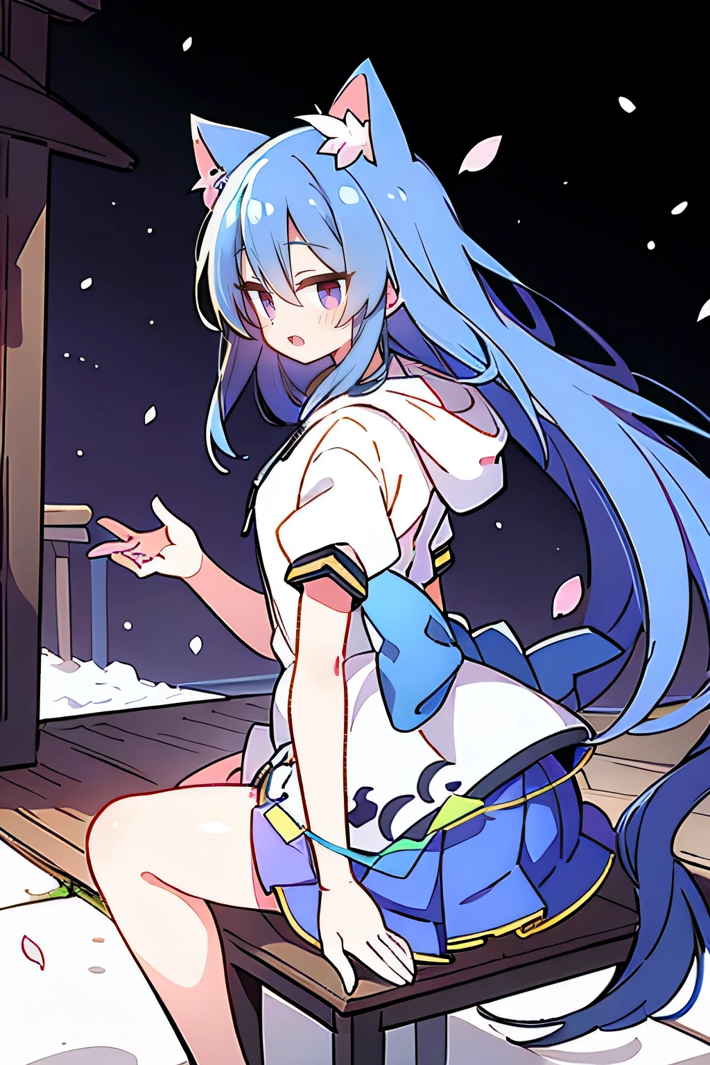 (masterpiece:1.2),Super detailed,lifelike,Expressive eyes,fair skin,perfect face shape,1 girl,
Japanese comics,Gorgeous blue hair,flowing blue hair,flowing clothes,Cat ears,Petals fall,beautiful lola,Baby Angel,
Shaking head with one hand,Cross your legs,Gentle and peaceful background,The pavilion is cool and comfortable,smile, wearing hoodie, background of tokyo,back views,snowing, winter.