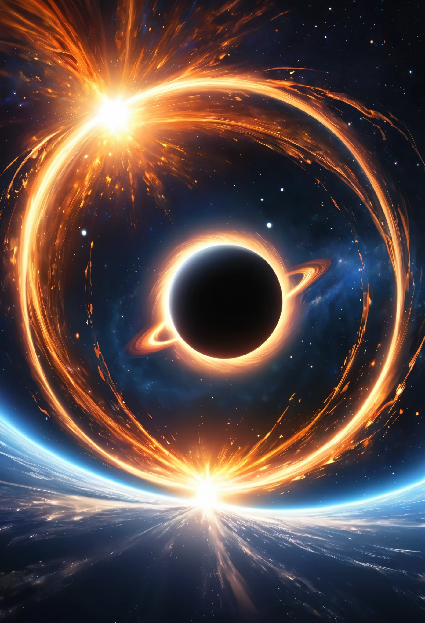 ((realistic simulation of a black hole))Parallel universe that stretches infinitely forward and infinitely backward, expansive singularity, infinity towards the past and infinite towards the future, curved space time, orisonte of events, moment of time, cyclical universe ,