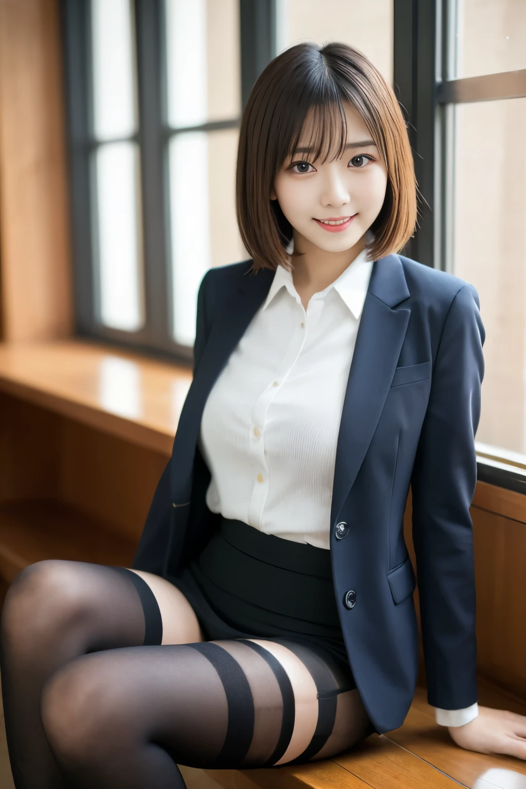 Tabletop, highest quality, shape, Very detailed, finely, High resolution, 8k wallpaper,short hair、 完璧なダイナミックな構shape, Beautiful and beautiful eyes, suit,Natural color lip, smile、18-year-old girl,When wearing black tights or stockings、Plump thighs、Shortcuts