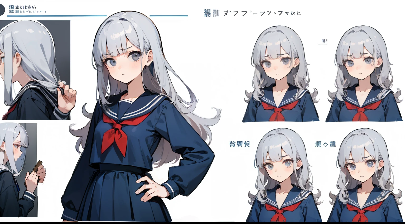 ((masterpiece, highest quality)), Detailed face, Character Sheet, whole body, Full of details, Various poses and expressions, Very detailed, depth, Many parts, One girl, , seifuku, Sailor suit, Long sleeve, Grey Hair, Wavy Hair, Long Hair, Blunt bangs, Otaku, Flat Chest, Angry expression