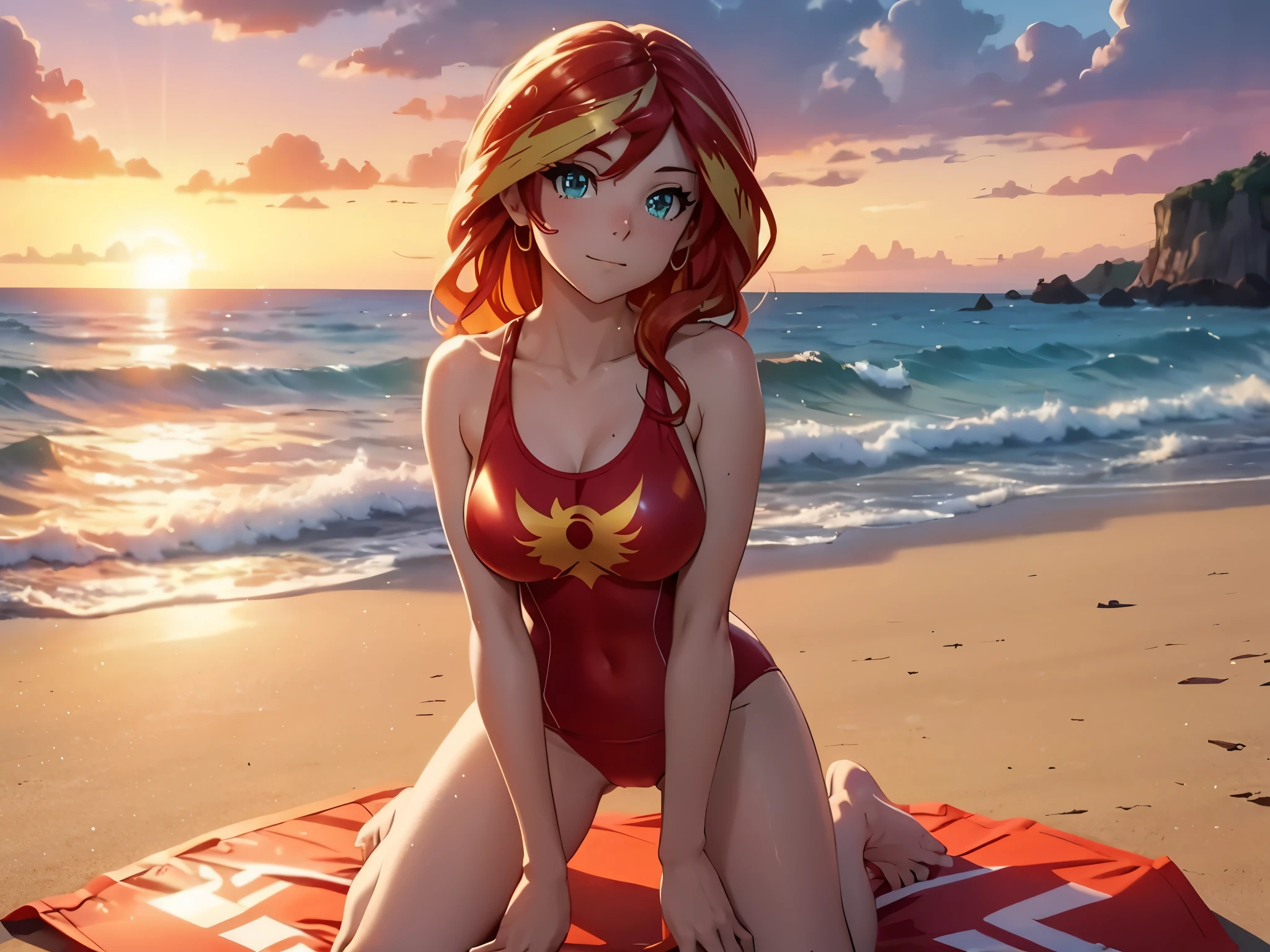 sunset shimmer wearing a lifeguard swimsuit kneeling on a beach, looking up, sultry, pokies, erotic