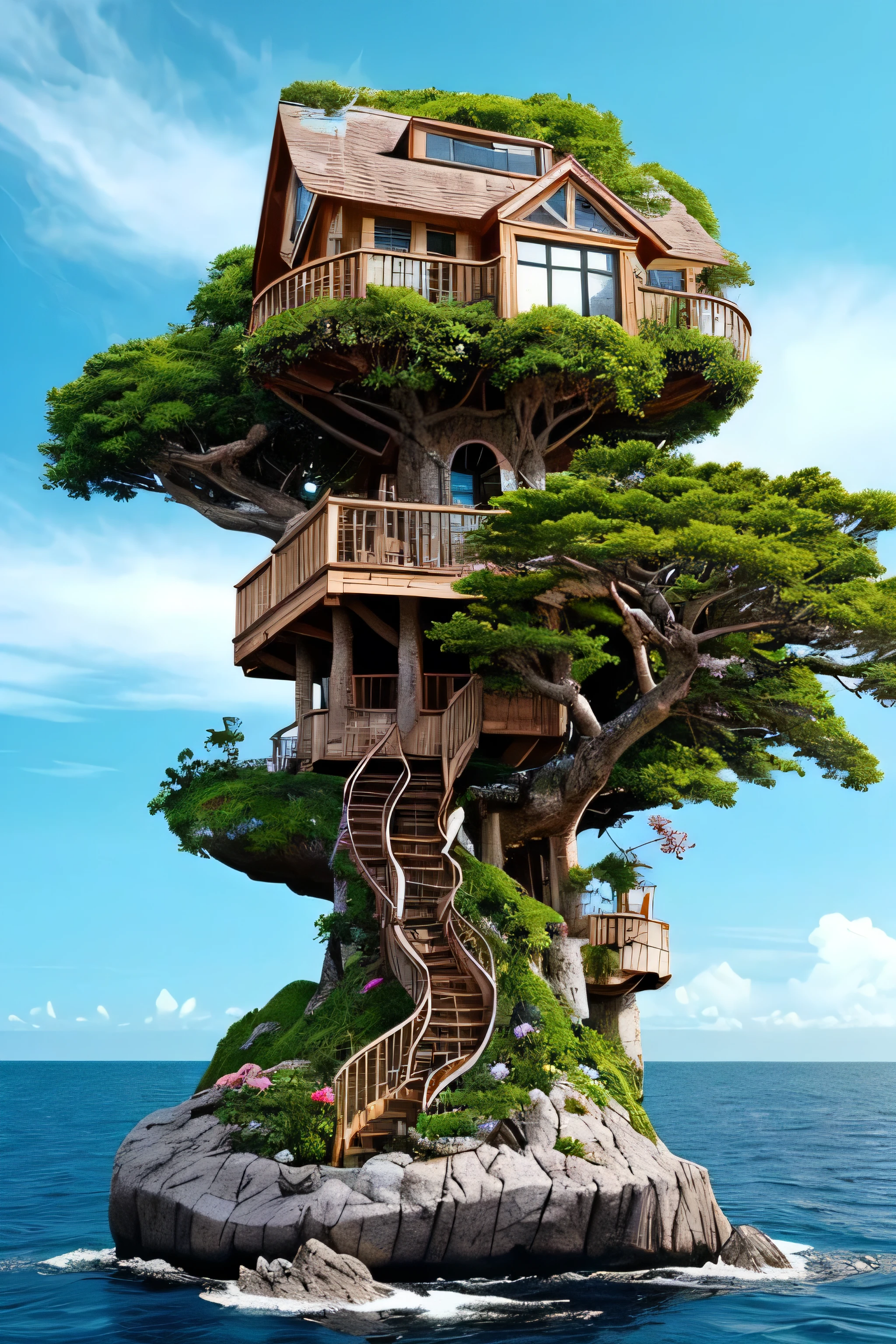 Perfection The Coolest tree house on a large rock in the middle of the sea with flowers in front of the house and trees on both sides of the house