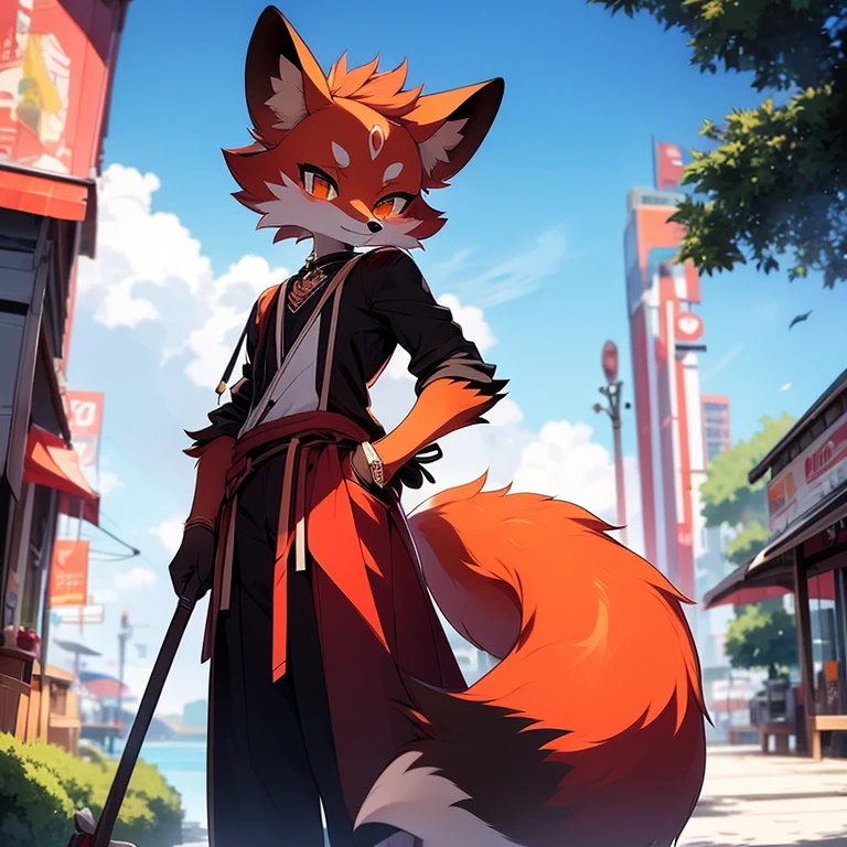 A red fox holding an umbrella，Beast，Eyes anime style，Fashion Clothing