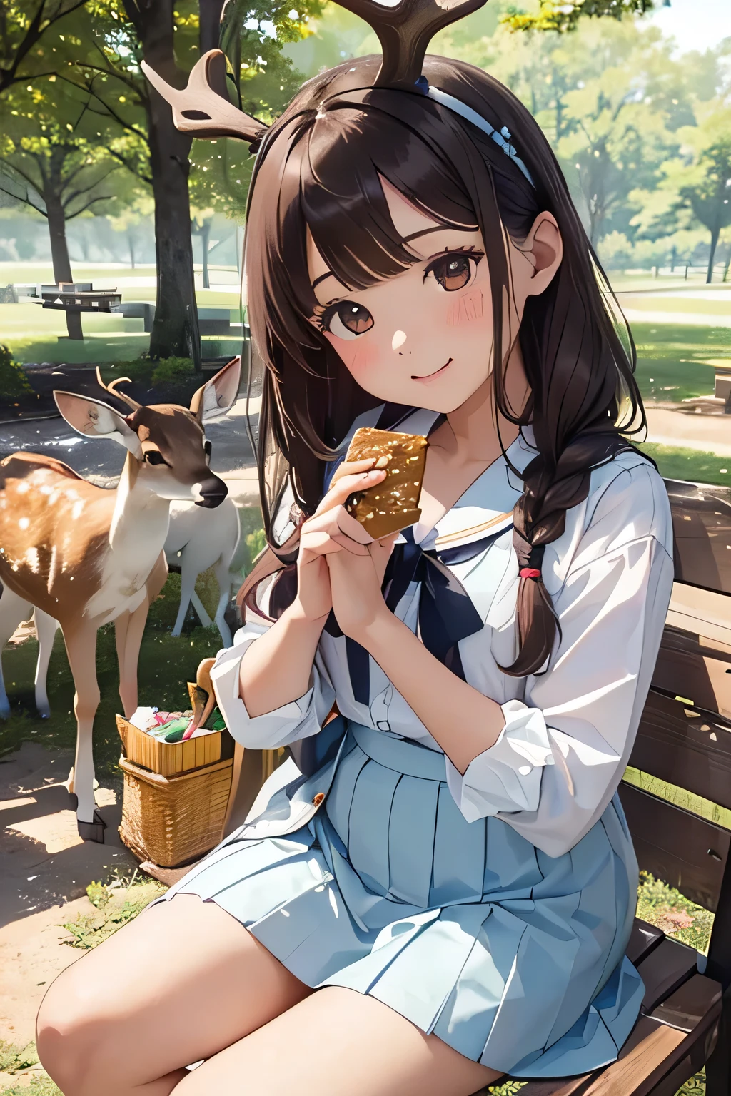 highest quality、High resolution、Detailed Background、(Beautiful face in every detail:1.4)、Anatomically correct、(Draw the usual number of fingers:1.2)、(Detailed facial expressions)、(Detailed eyes:1.2)、(Detailed eyes:1.2)、Beautiful, smooth skin、Teenage beauty、(Highly detailed face:1.4)、Brown Hair、Black Hair、Braided Bob、Braided Ponytail、Braided long hair、Wavy Hairstyle、well-groomed eyebrows、Perfect body line、White Sailor Suit、Light blue sailor collar、Checkered pleated skirt、School Cardigan、White Stockings、School trip、Nara Park、Feel in harmony with nature、In a joking manner、A big smile、

(A beautiful girl interacting with deer at Nara Park:1.5)、

With friends, we grabbed some deer crackers and approached the deer.、
Deer eating deer crackers and receiving food from the hand、
Posing with the deer with your friends will bring lots of smiles to your photos.、
Stretching out your hands with the deer and sitting side by side with them、
A deer comes up to me and strokes my head.。
The two of them are surrounded by deer and are petting each other&#39;s heads.、
A walk with deer in the natural surroundings of Nara Park、
Walking with deer and interacting with them in nature、cute