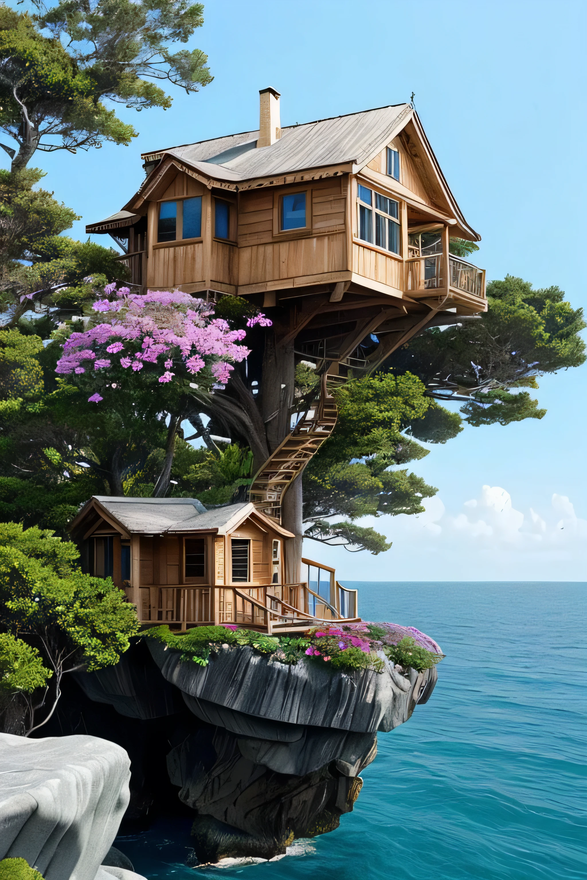 Perfection The Coolest tree house on a large rock in the middle of the sea with flowers in front of the house and trees on both sides of the house