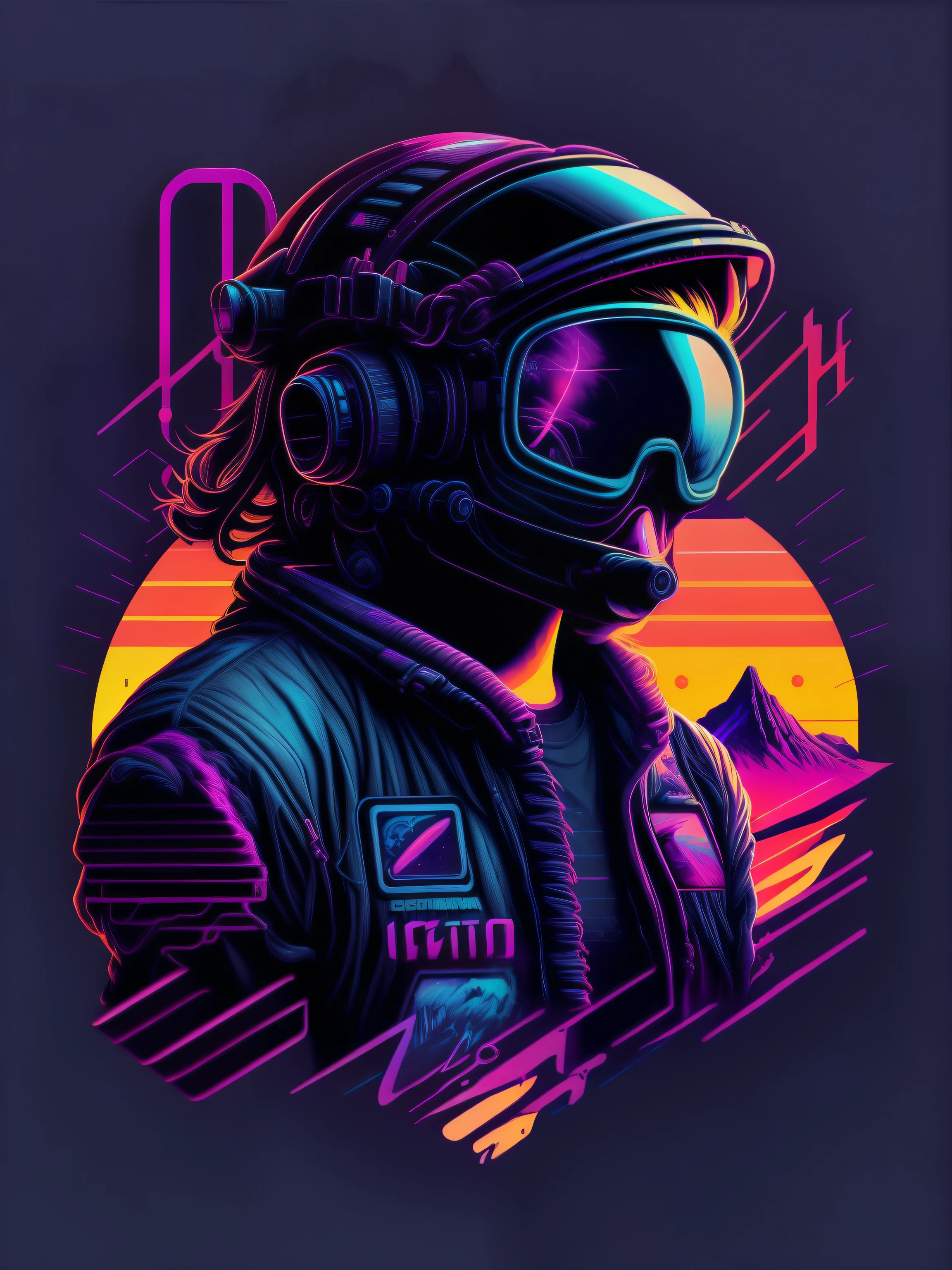 Synthwave astronaut with glasses, adesivo do logotipo do vetor, obra de arte, estilo de polpa de manga, sombreamento plano, solid background color, design de camiseta