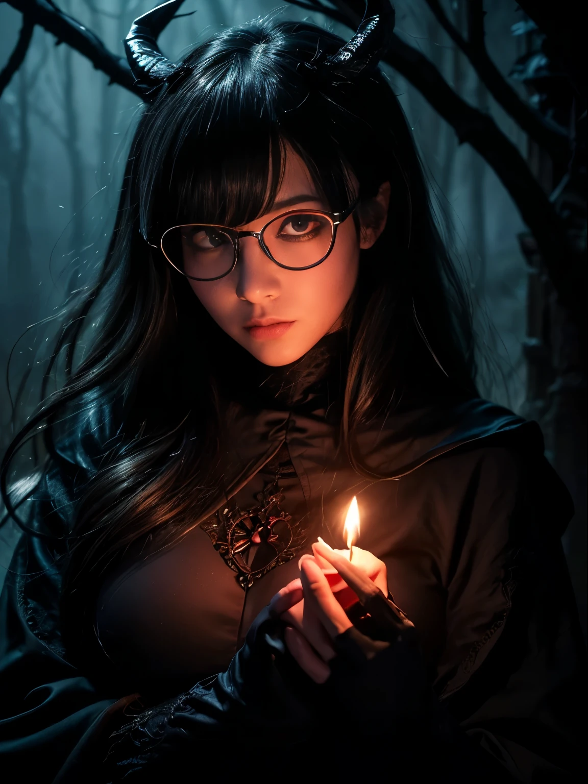 Dark Fantastic Night , Behind me is a big, scary castle , Lots of bats , big, red, Fantastic Moon , Some cliffs , 2. A cave far from the cliff , Some stones , Broken pillars , There are many magical glowing stones around her , A dragon in the far distance of the dark sky, horror scene , Beautiful devil woman , Red magical very bright eyes , A small magical sphere glowing red in both hands at the same time , Female devil gazing at an orb , Dark Big Wing , Very detailed顔 , ((((Huge glasses, Nerd Glasses, thick glasses, Round Glasses))))、(((Big Breasts)))、(Ultra-detailed scenes) , (Ultra-detailed orbs) , (Super beautiful face) 、(highest quality,High resolution:1.2),(dark,Threatening:1.1),(Bad luckな:1.1),(devil,Satan,Lucifer:1.1),(devilish:1.1) highest quality, Very detailed, Realistic, Portraiture, Dark and spooky atmosphere, Glowing Eyes, spiritual being, Unforgettably beautiful, Ghostly figures, Swirling Mist, Supernatural existence, The nature of the devil, Shadow-like shape, Spooky whispers, Ominous Aura, Eerie pale skin, Dark and twisted branches, Flickering candle light, Spooky elements, Mysterious and enigmatic, Spectral emergence, Gothic art style, attractive, Spectral range, Extremely depressed, Otherworldly beauty, Mysterious glow, Unforgettably'Don't forget, Cold atmosphere, Spooky and ominous lighting.,(Bad luck,Bad luckな:1.1),(Powerful figure:1.1、Big Breasts、Glasses) 、 ((((Huge glasses, Nerd Glasses, thick glasses, Round Glasses)))),(((Big Breasts)))、(devil'tail)、(Red eyes glow:1.6)、(redくGlowing Eyes,Sharp teeth:1.1),(Black wings,thick,shabby:1.1),(hellish landscape:1.1),(fire,sulfur:1.1),(Threatening atmosphere:1.1),(dark shadows,Threatening presence:1.1),(Bad luck clouds,Stormy Skies:1.1),(dark,Spooky atmosphere:1.1),(Bad luck aura,Evil energy:1.1),(dark aura,cigarette:1.1),(Extreme heat,Burning Flames:1.1),(Surreal,Nightmare Visions:1.1),(Ultra-detailed Moon) , (Ultra-detailed castle) , (Ultra-precision needles) , (Very detailed wings) Blood spl