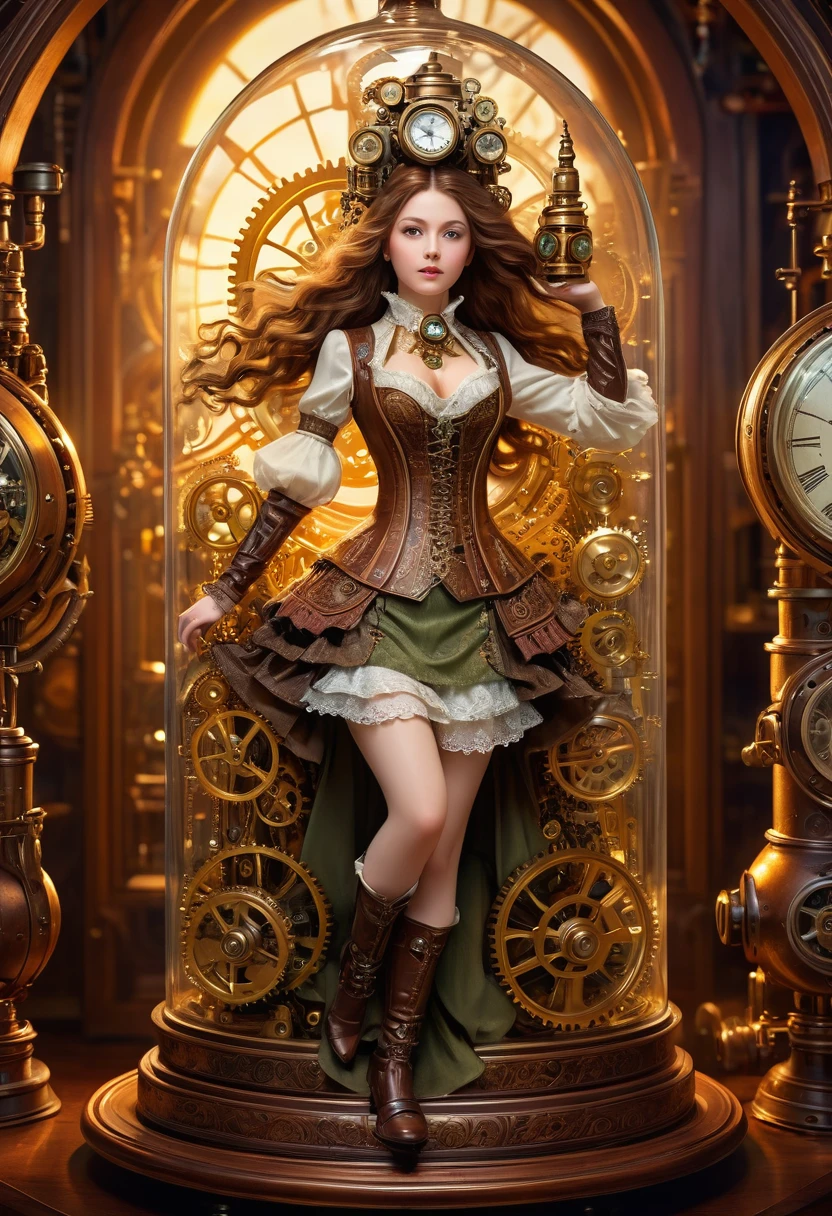 A mechanical girl inside a bottle, detailed mechanical parts, intricate gears and cogs, delicate mechanisms, enchanting facial features, elaborate costumes, vintage atmosphere, soft lighting, magically suspended in mid-air, antique glass display, steampunk style, whimsical and fantastical, vibrant color tones, fine craftsmanship, high-res illustrations, masterful attention to detail, ethereal and otherworldly, intricate clockwork, dynamic pose, captivating eyes, porcelain skin, long flowing hair, exuding a sense of mystery and elegance. (best quality, 4k, highres, masterpiece:1.2), ultra-detailed, photorealistic:1.37, HDR, studio lighting, bokeh.